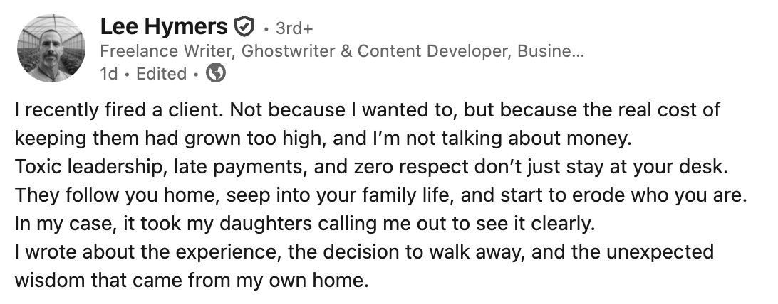 fired a client linkedin post