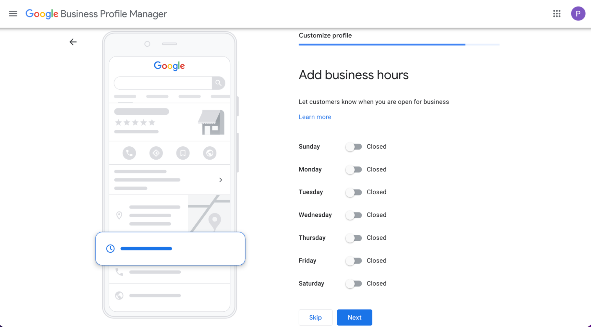 Google My Business profile setting up your business hours