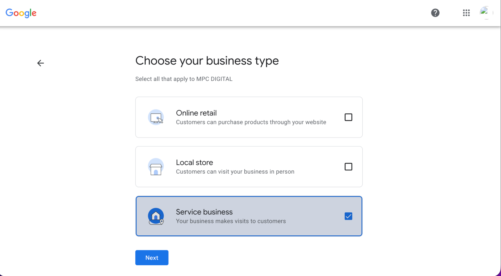 Google choose your business type