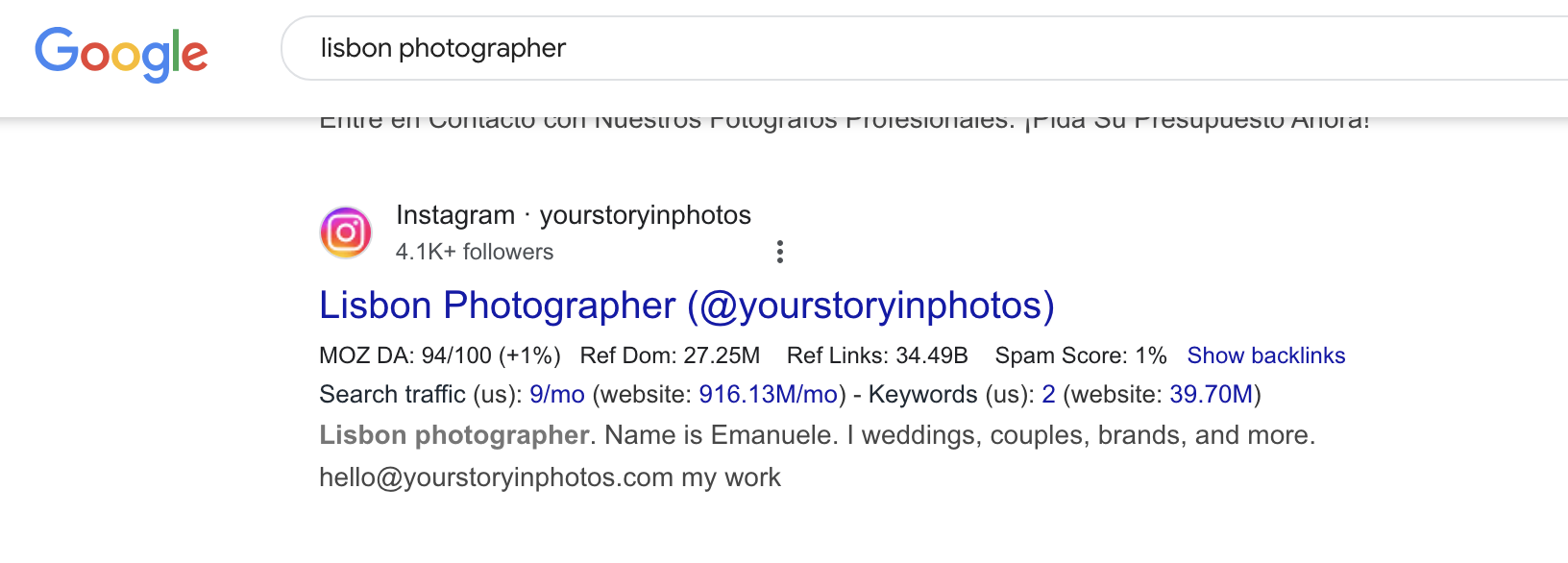 SEO for photographers example Lisbon Photographer Emanuele YourStoryinPhotos