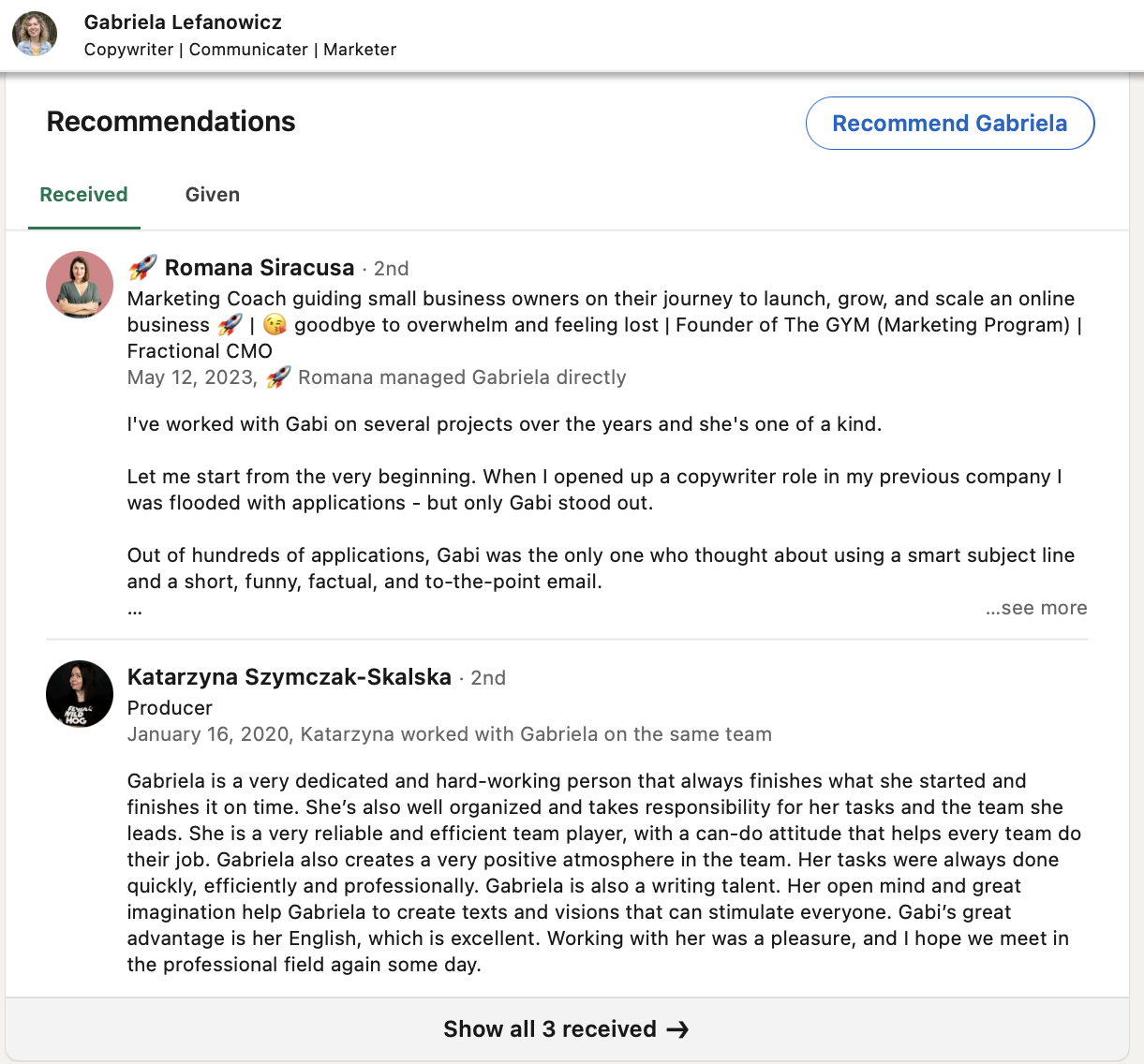 LinkedIn client reviews examples