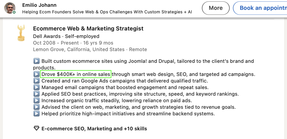 LinkedIn experience example