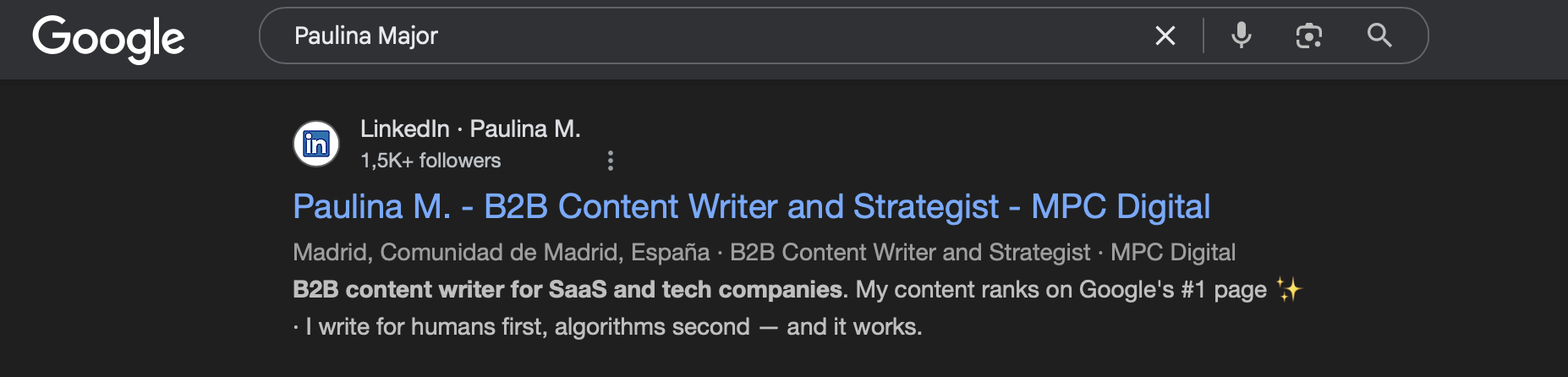 LinkedIn profile appearing on Google