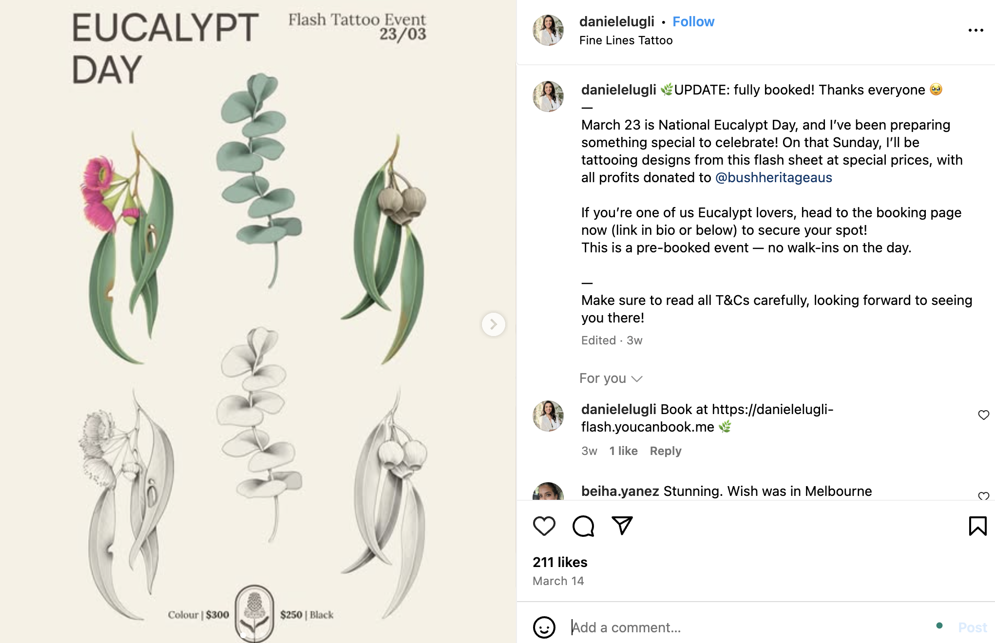 Instagram post from Daniele Lugli advertising her Eucalypt Day event to promote her business locally