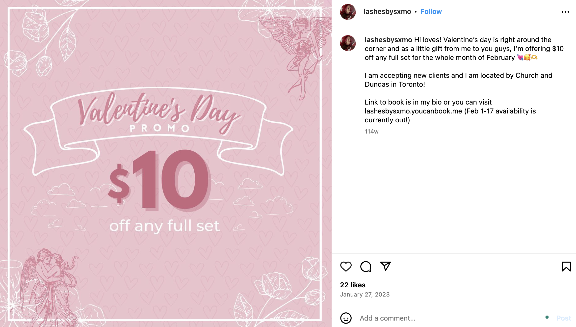 Instagram post with $10 off Valentine_s Day promo that LashesbySxMo uses to promote her business locally