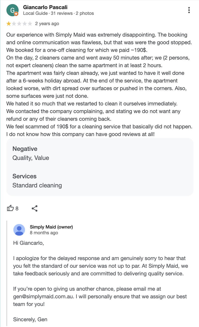 cleaning services negative review and response