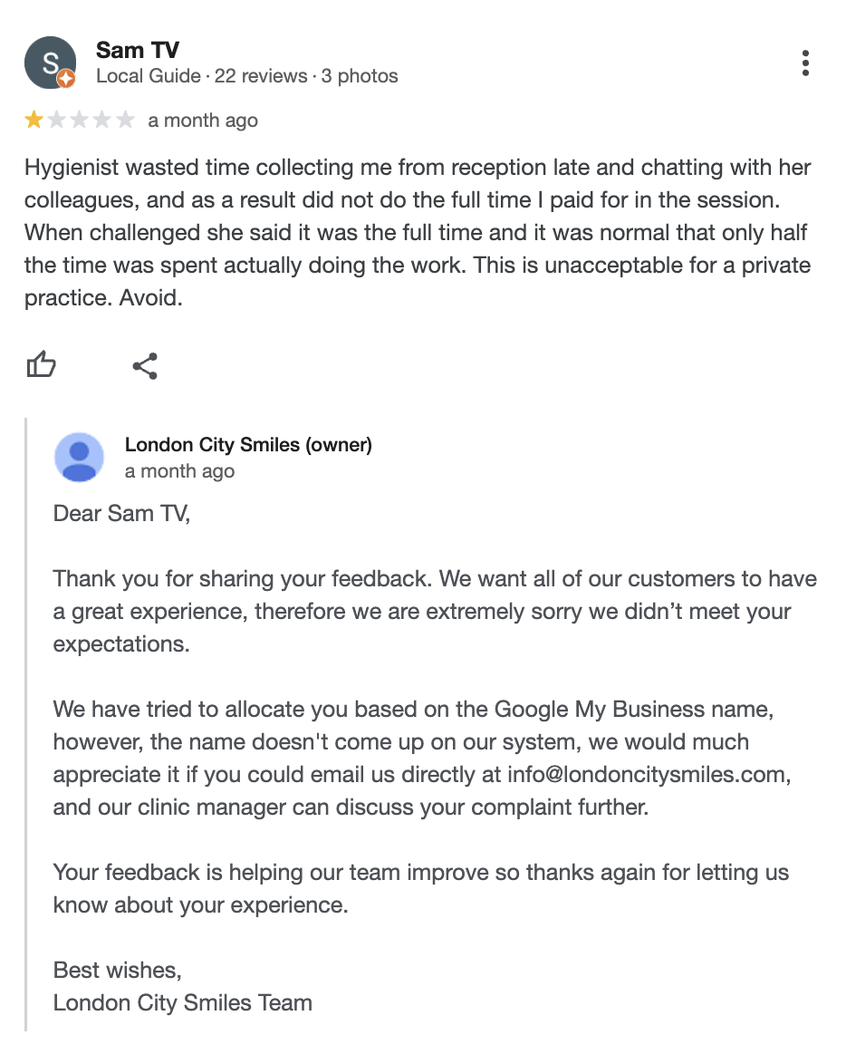 dentist negative review and response