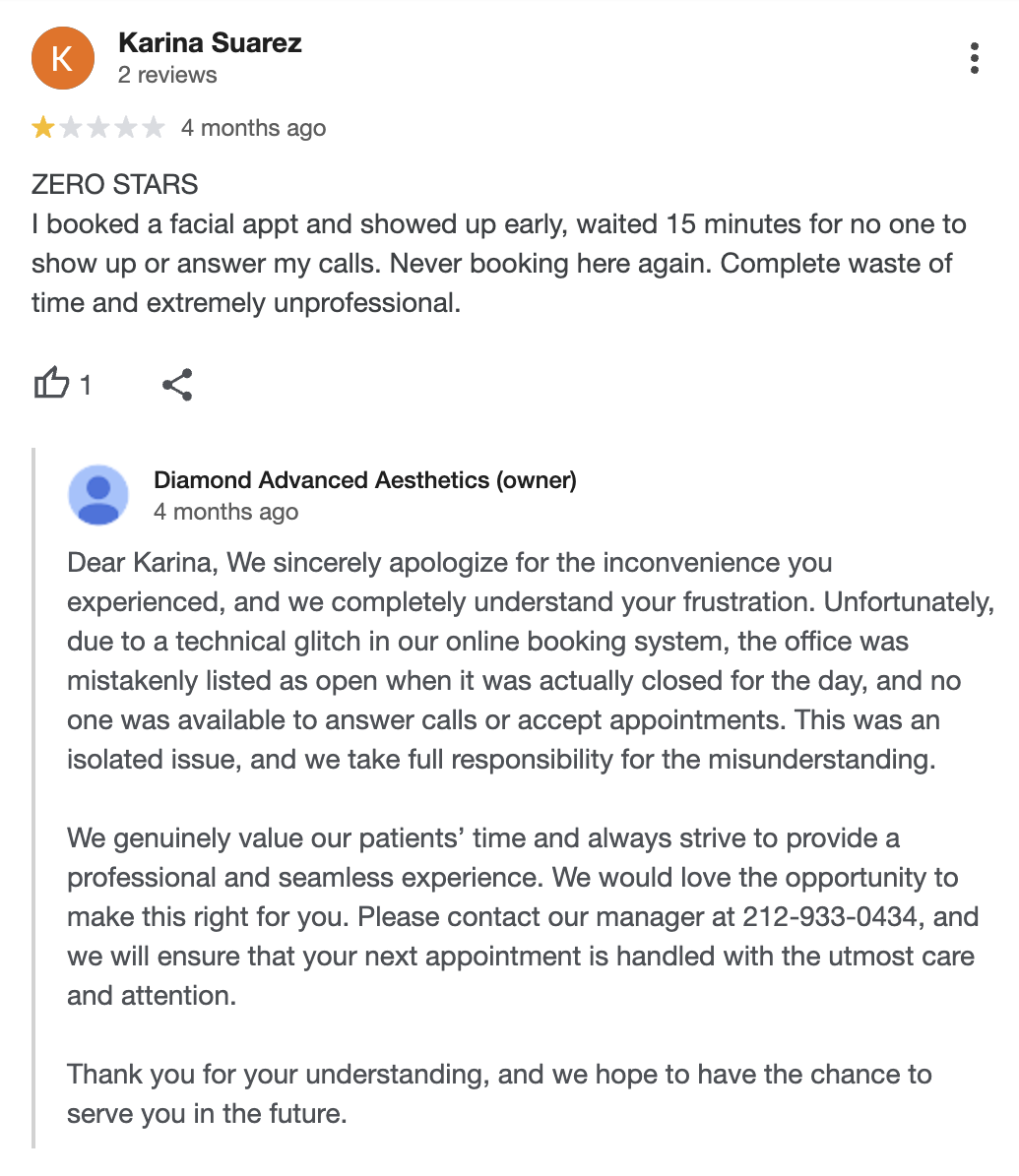 Example of how to respond to negative review