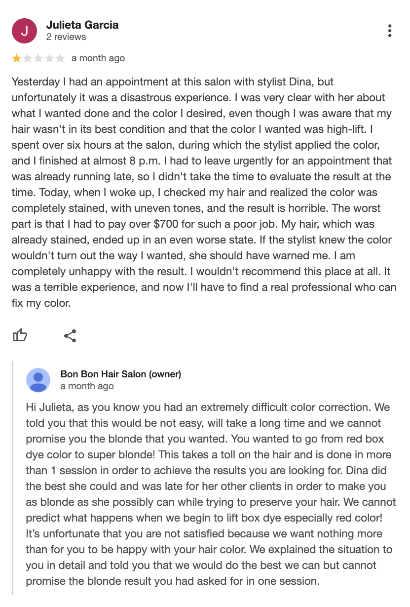 hair salon negative review and response