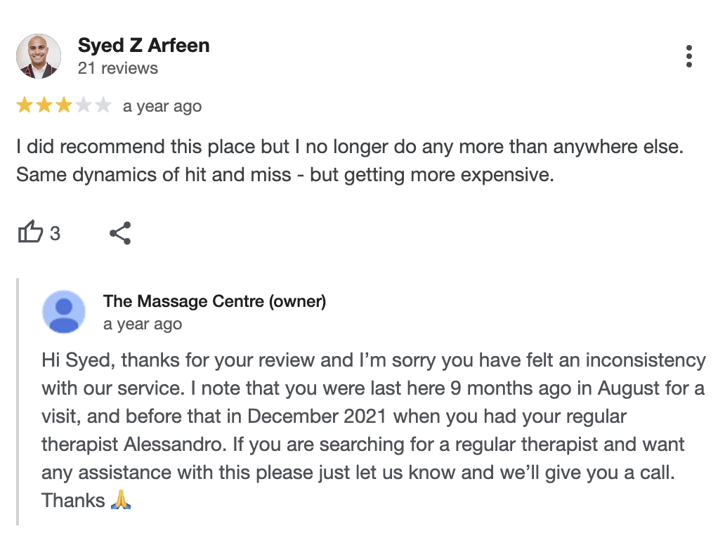 massage negative review and response