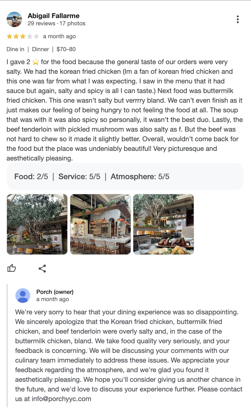 restaurant negative review and response