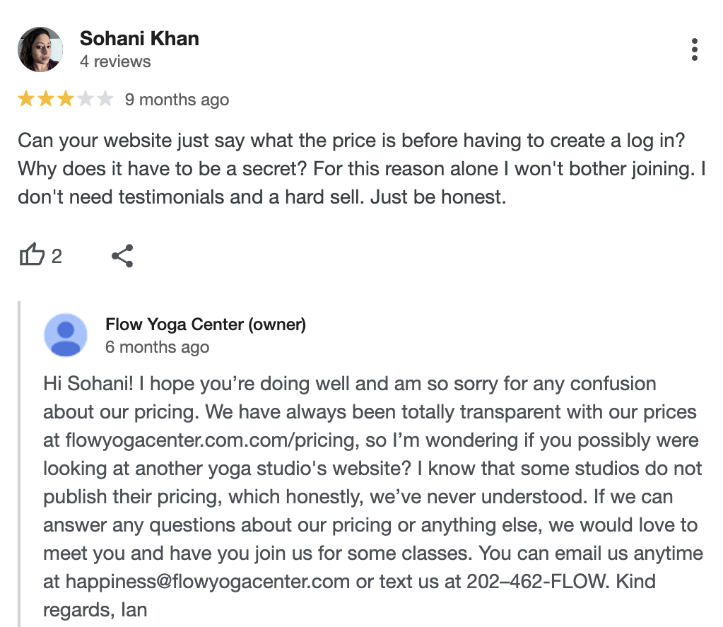 example of how to respond to a negative review for a yoga studio