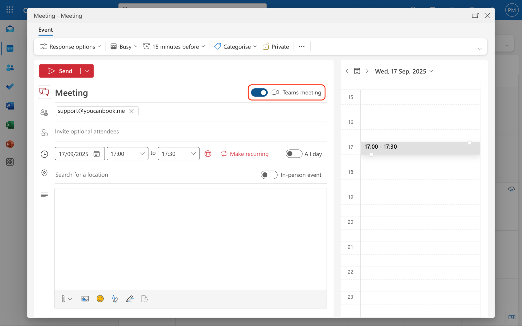 Teams link toggle enabled in outlook meeting