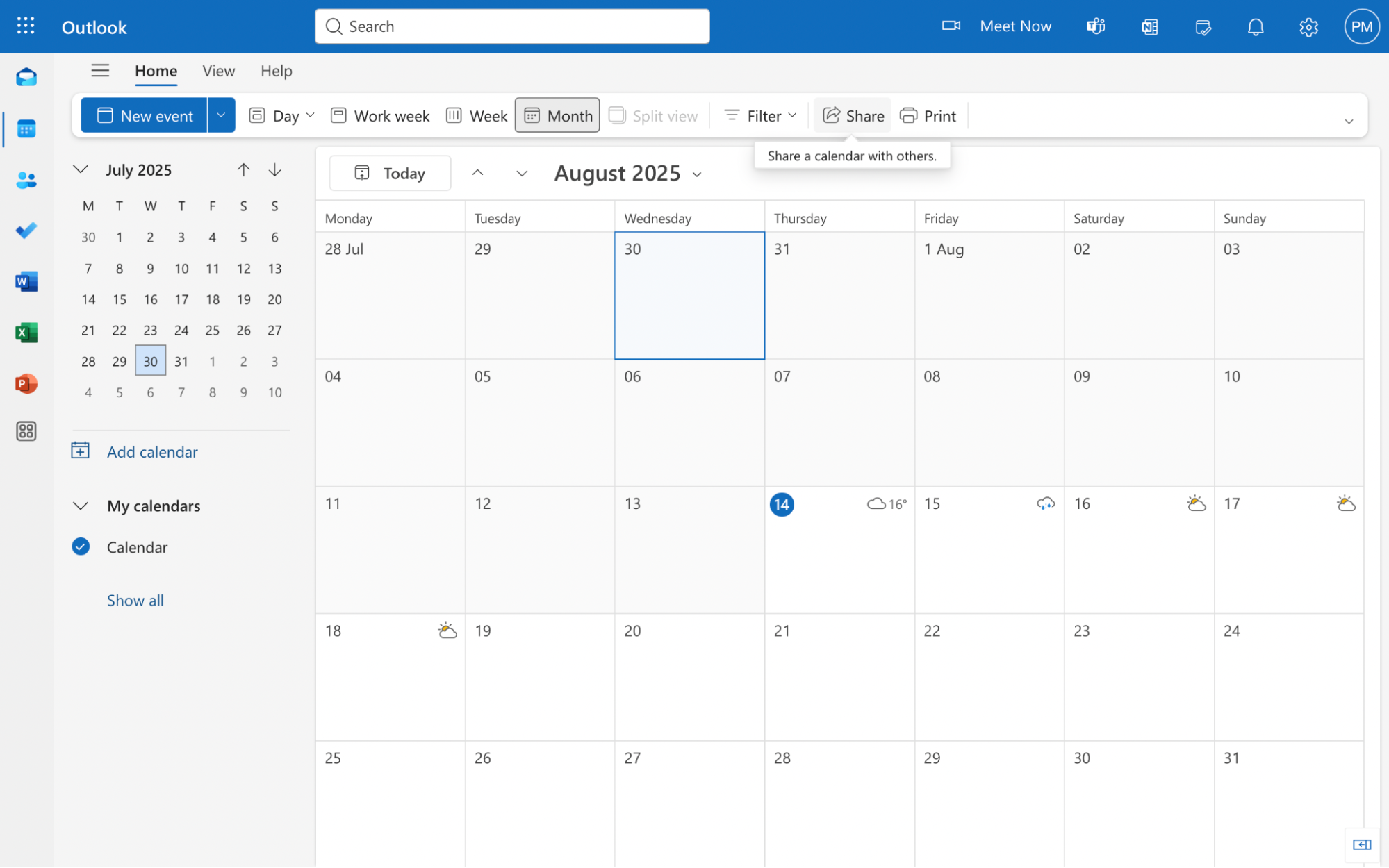 outlook web share calendar button