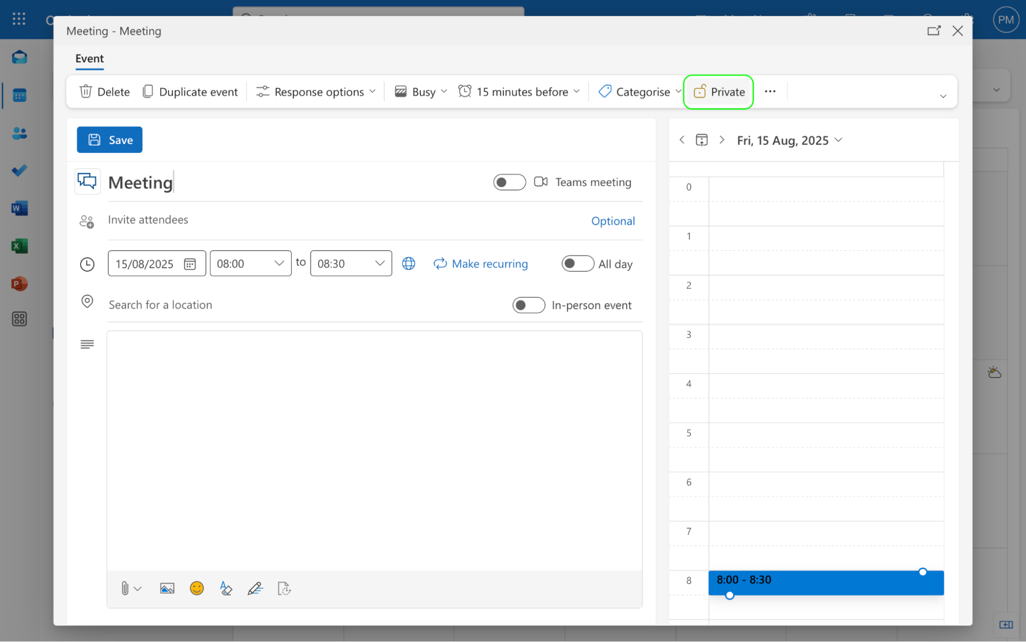private meeting outlook