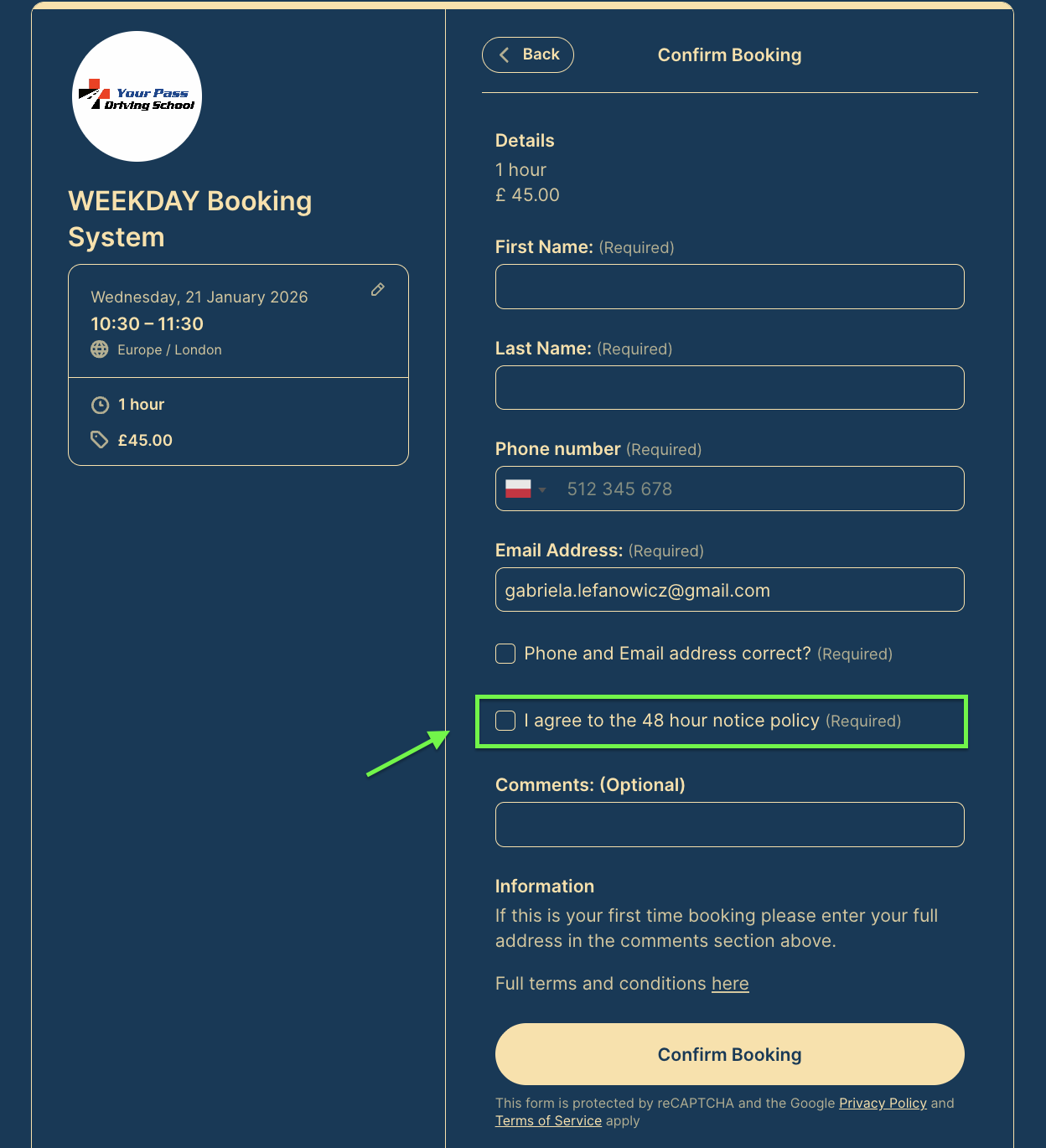 Booking form with 48-hour notice policy
