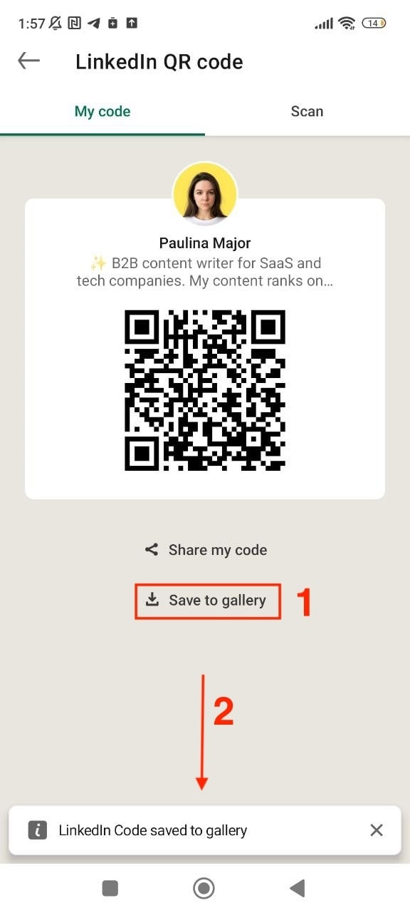 how to save linkedin qr code on an android