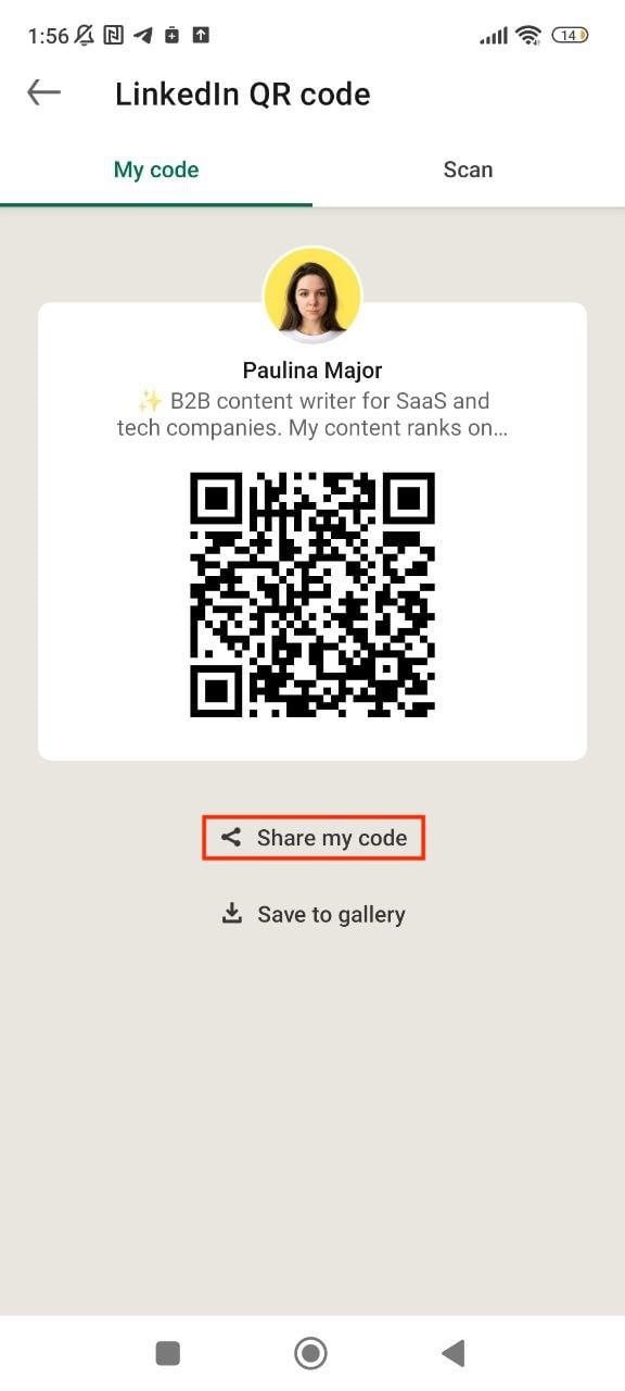 how to share linkedin qr code on an android