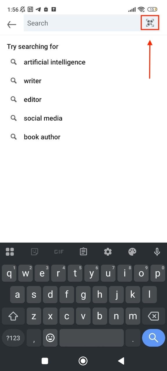 LinkedIn QR code icon in the search bar on an android