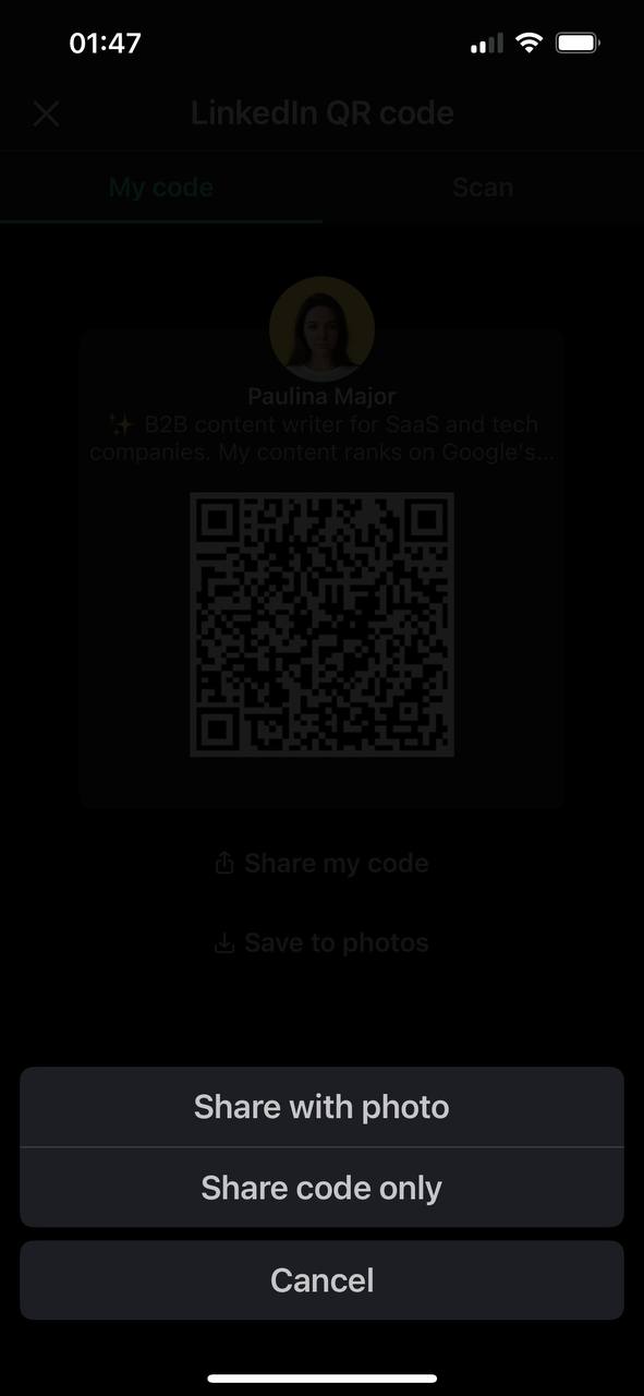 How to share linkedin QR code on an iphone