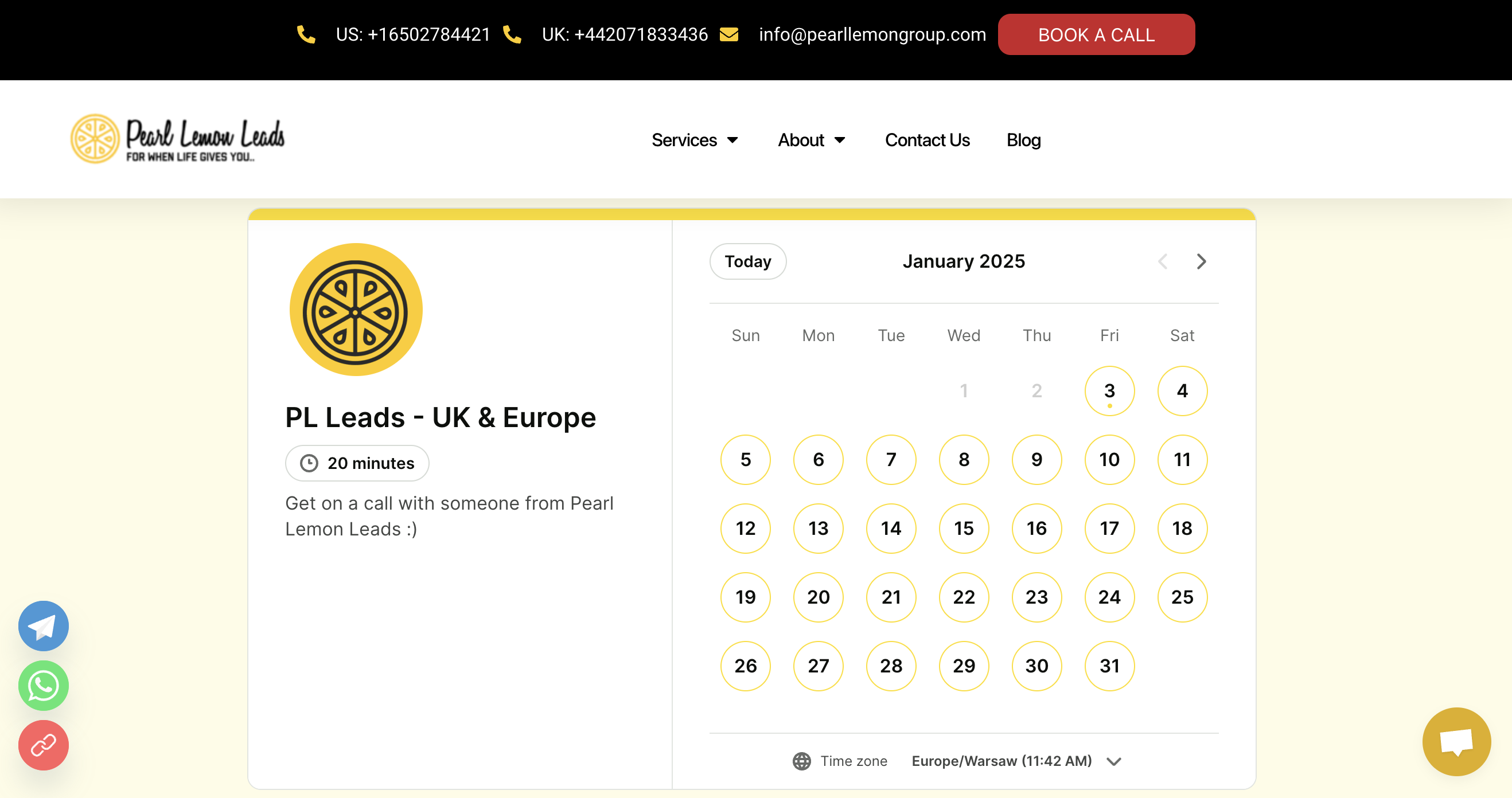 Pearl Lemon Leads homepage with embedded YouCanBookMe booking page