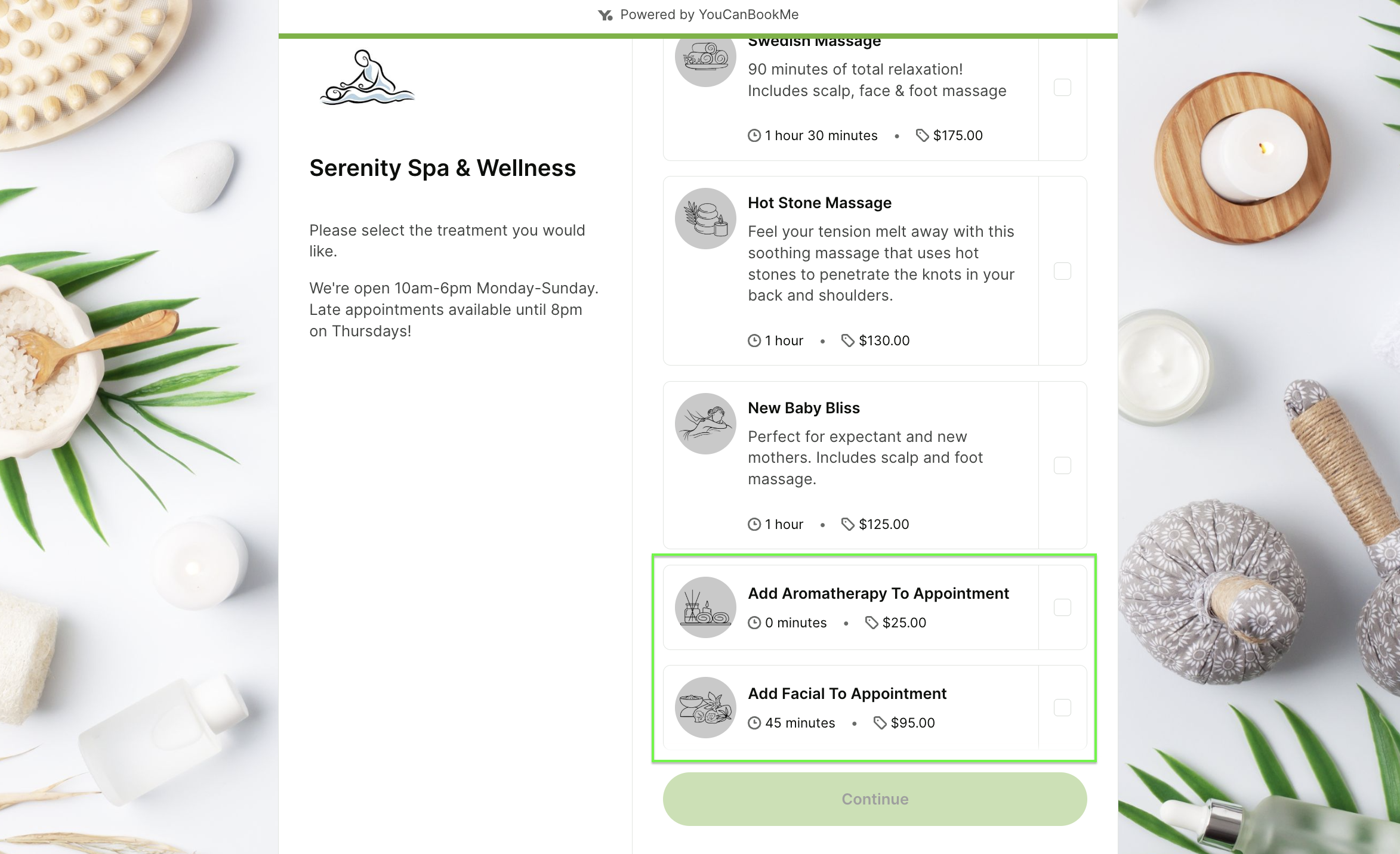 Spa booking page with appointment add-ons