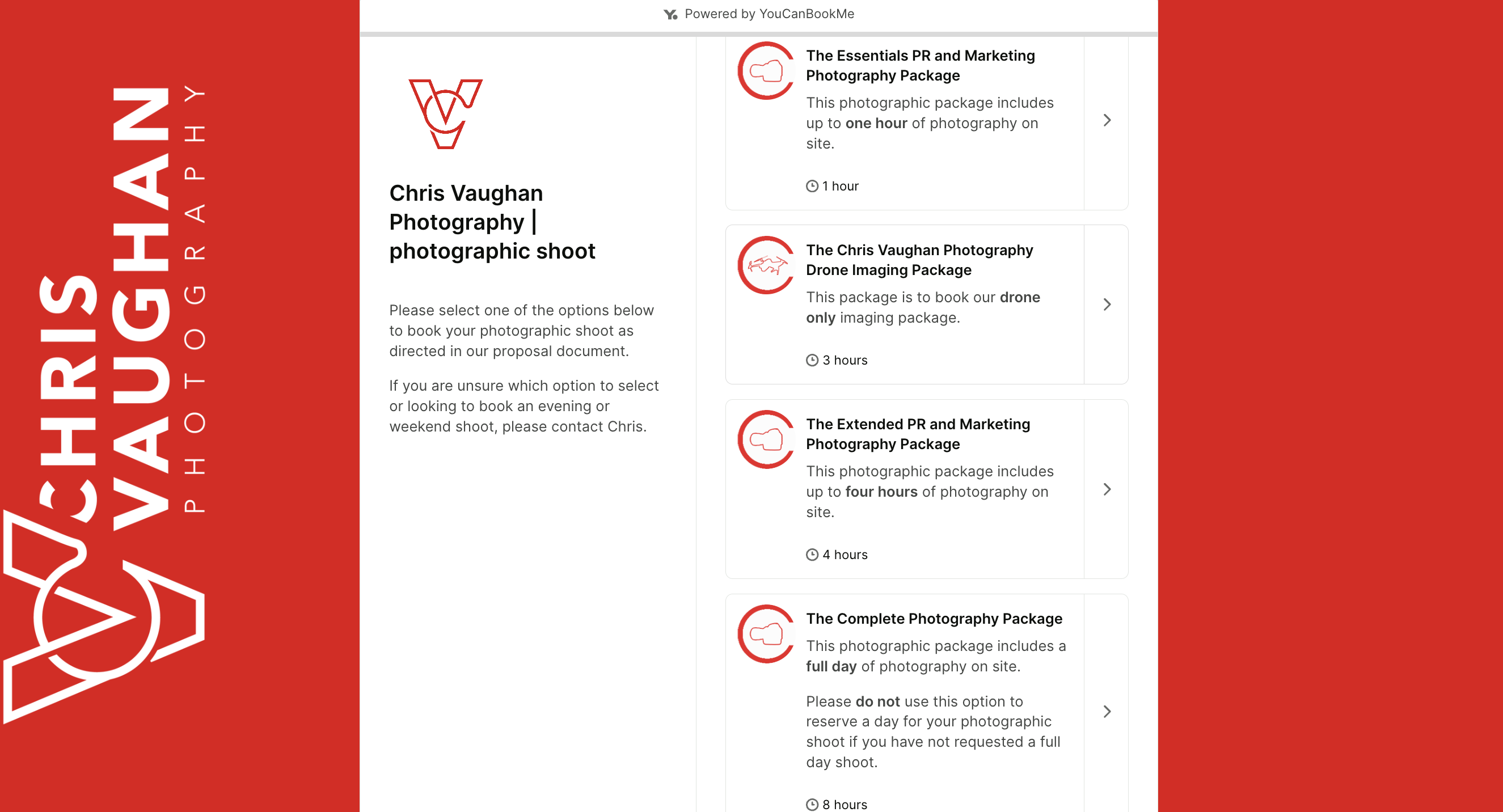 photography booking page with multiple appointment types