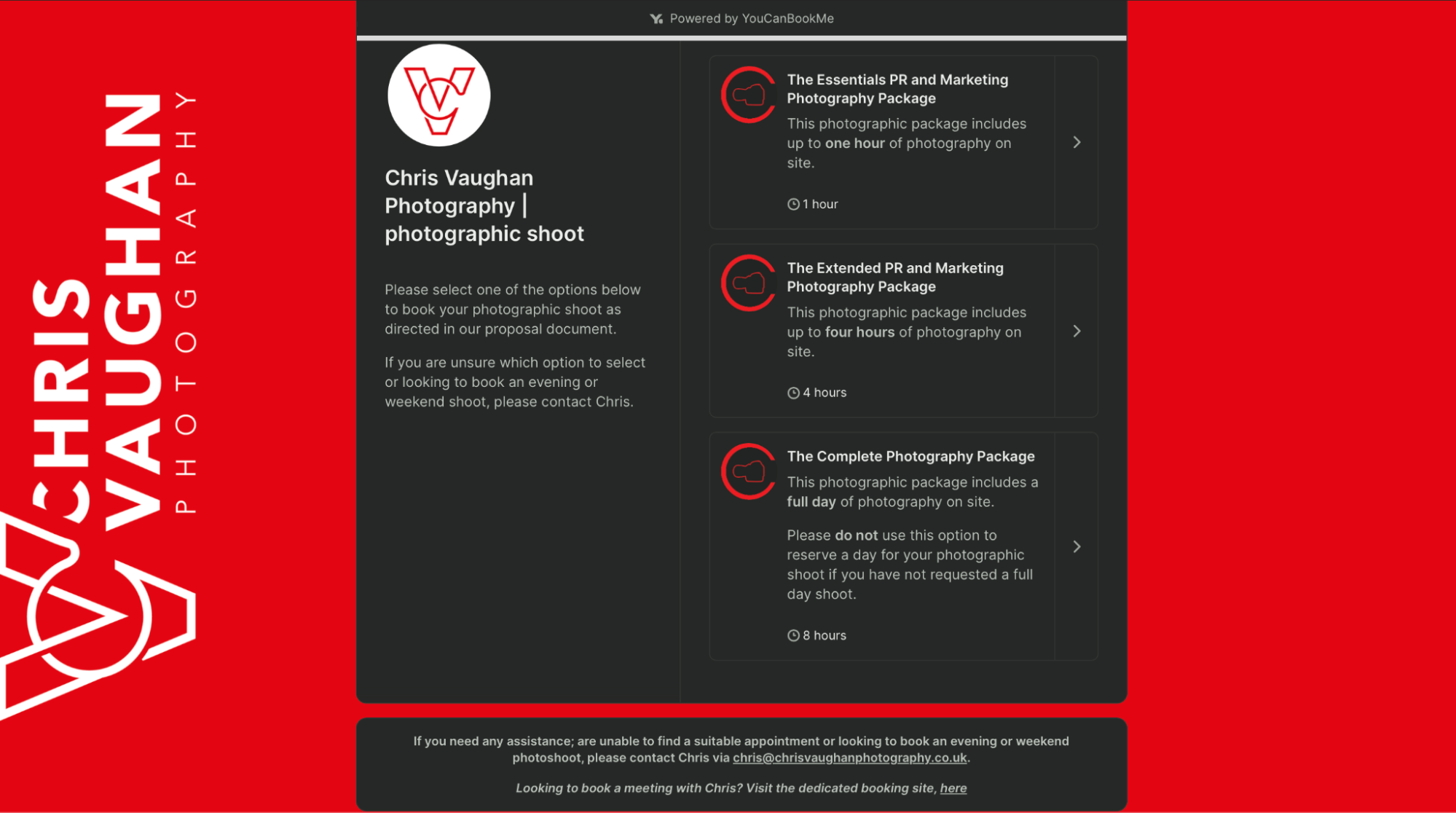Chris Vaughan photography booking page example