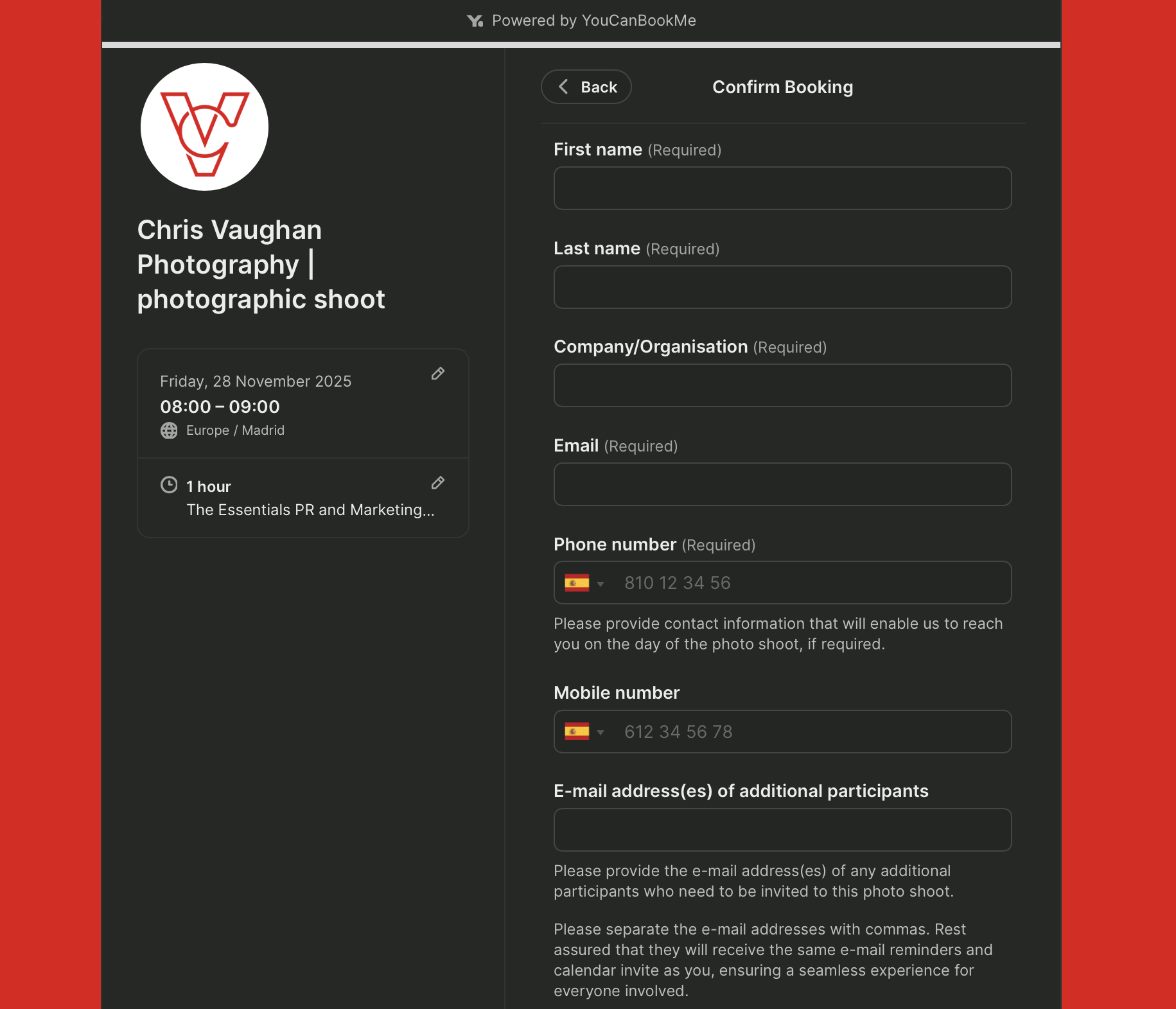 Chris Vaughan photography booking form example