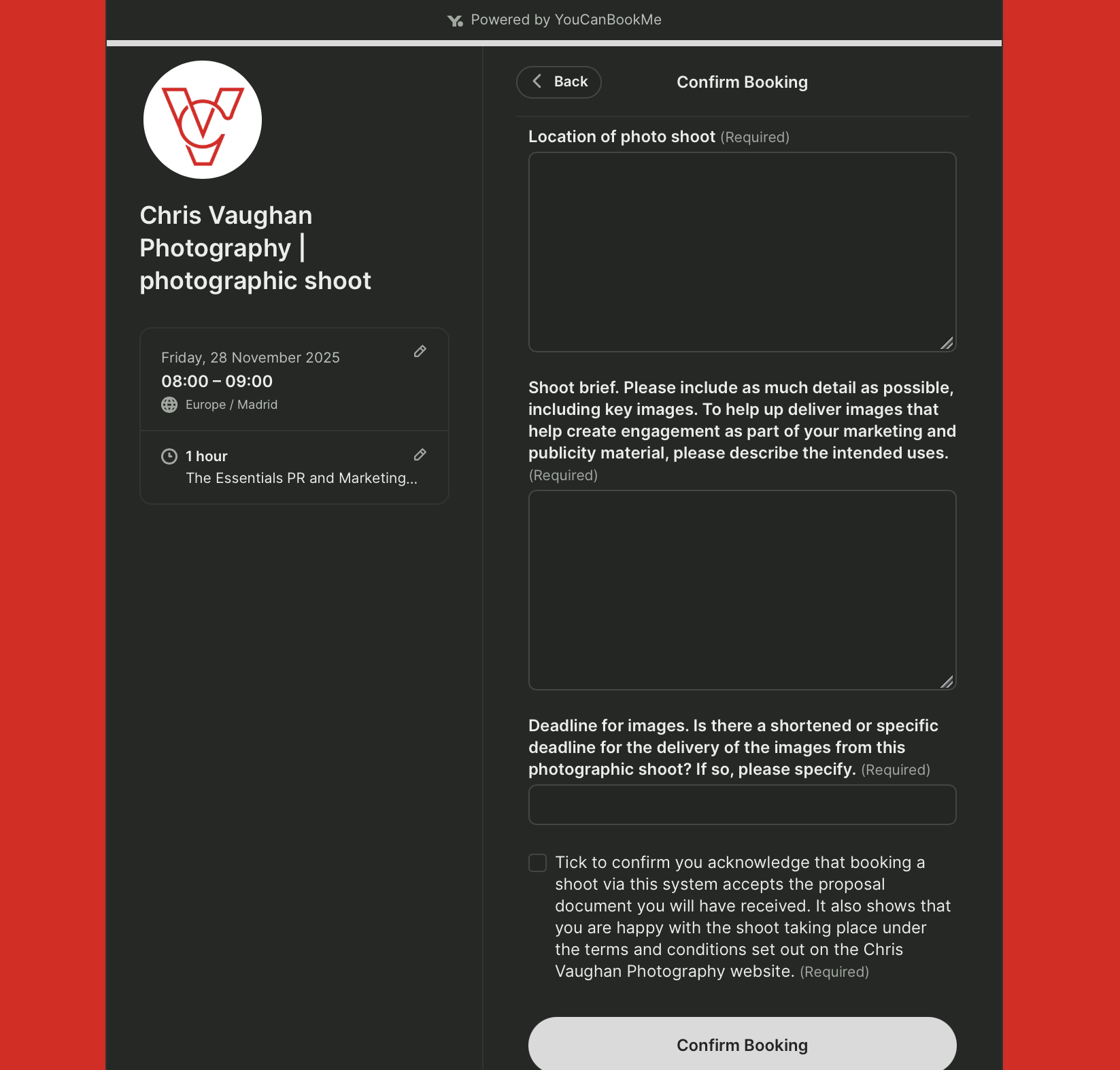 Photography booking page example YouCanBookMe