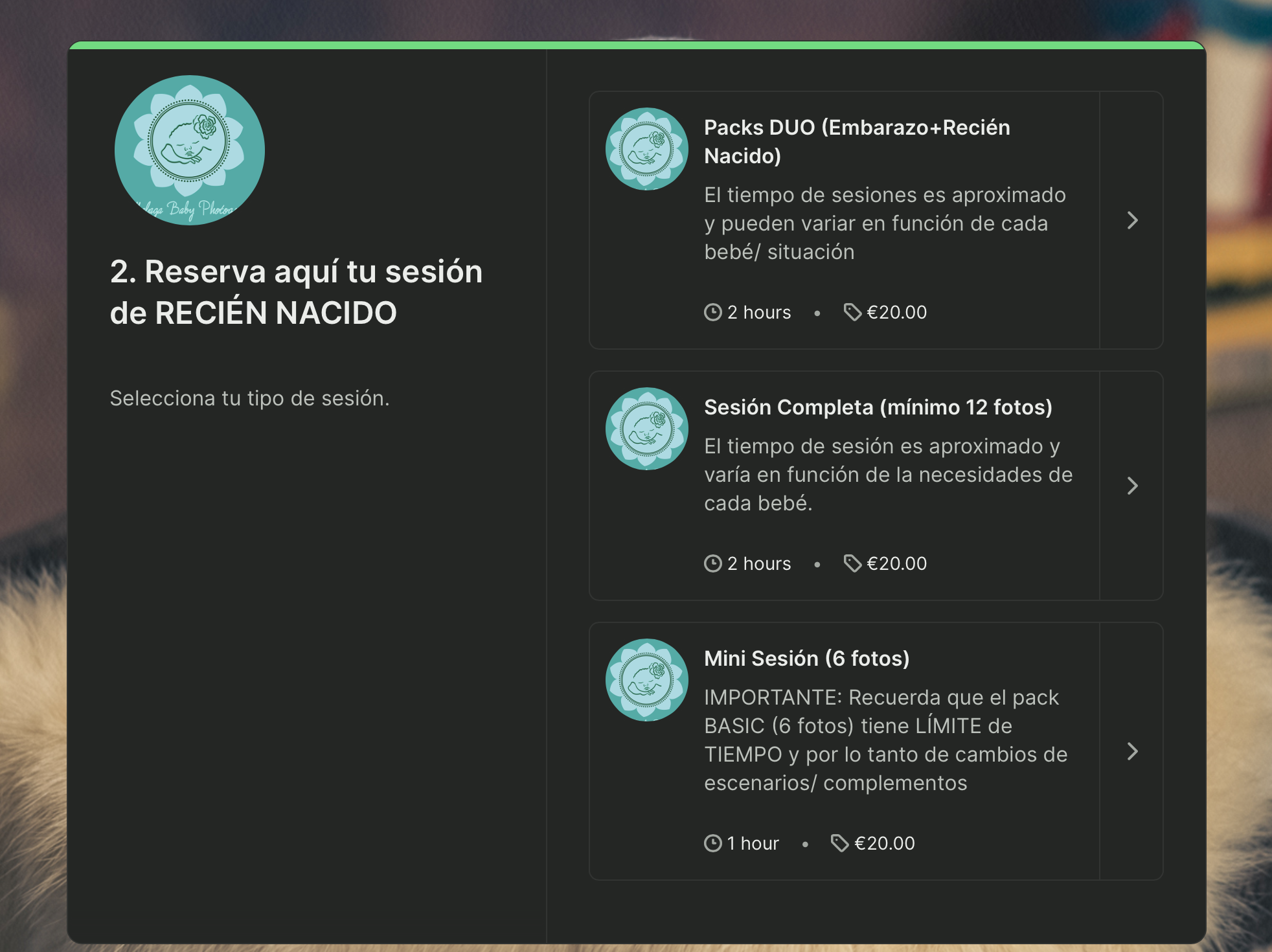 Malaga Baby Photography booking page