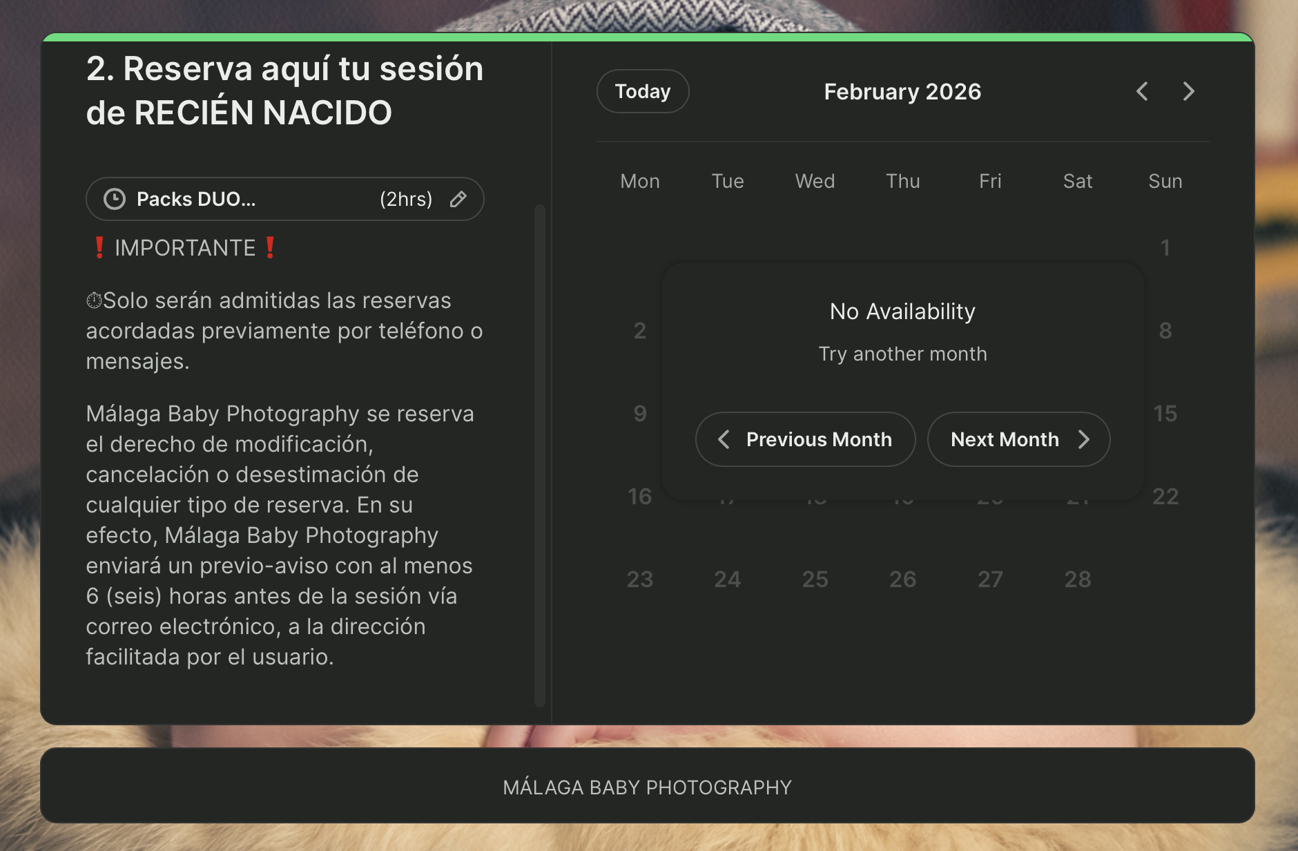 Malaga Baby Photography booking page made with YouCanBookMe