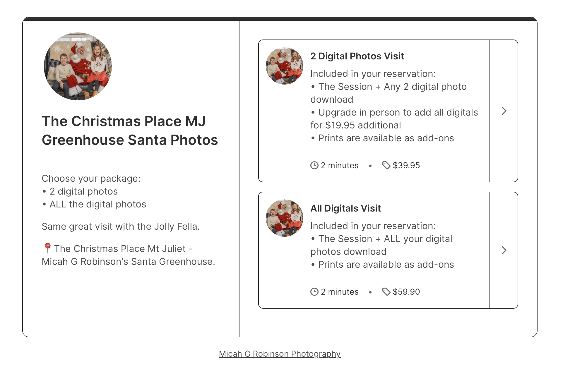 Photography booking page example created with YouCanBookMe