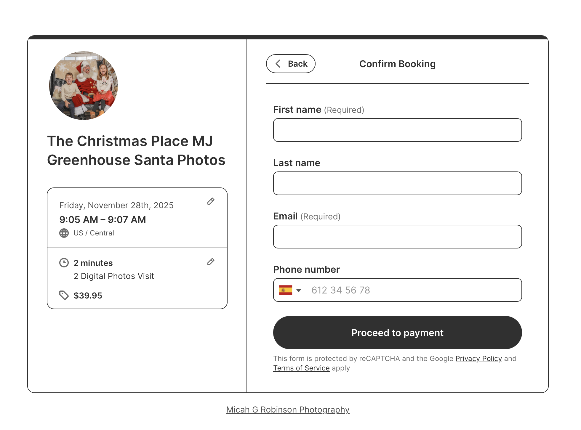 Photography booking form made with YouCanBookMe