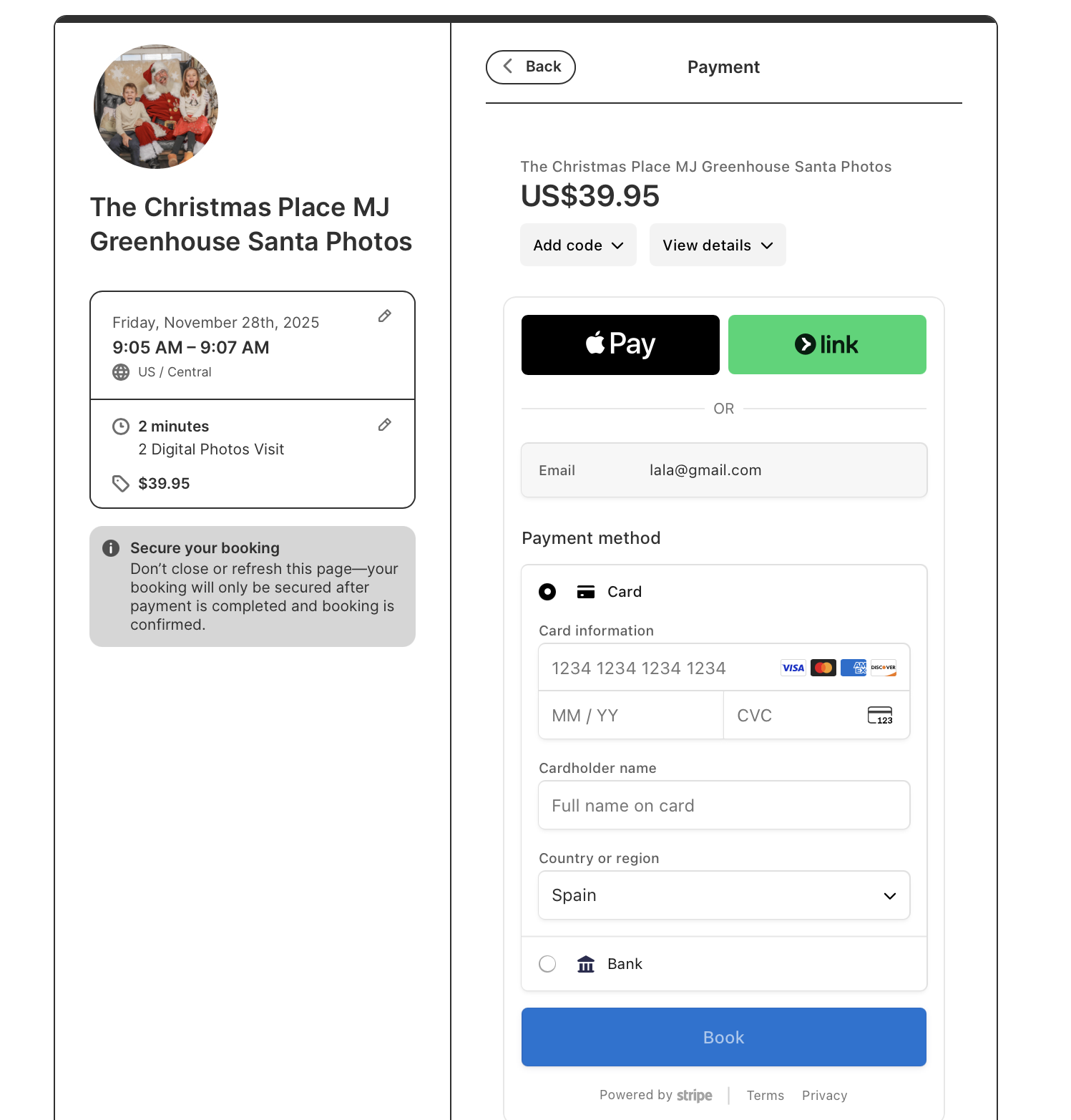 Photography booking page with upfront online payment