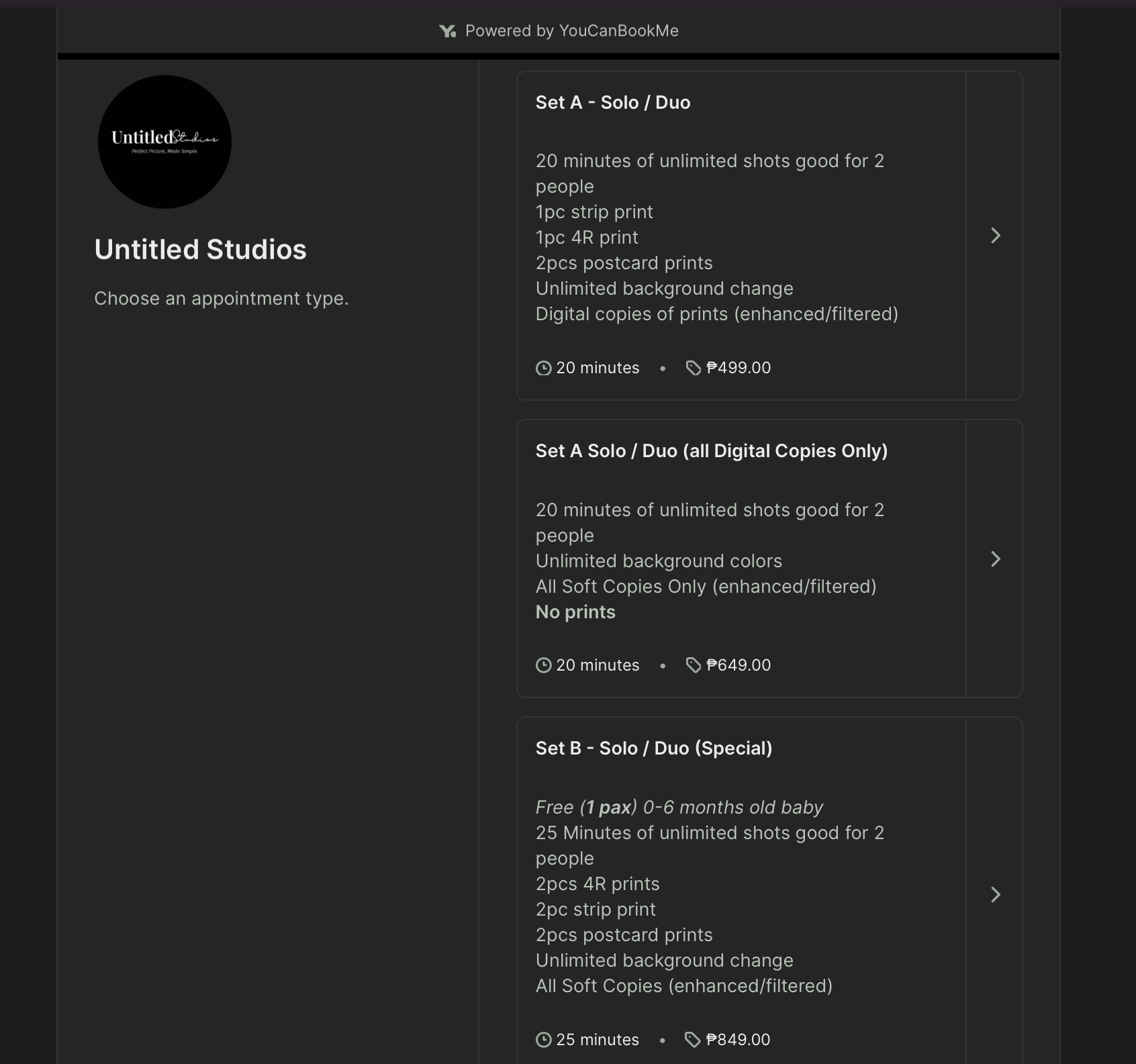 Untitled Studios photography booking page example