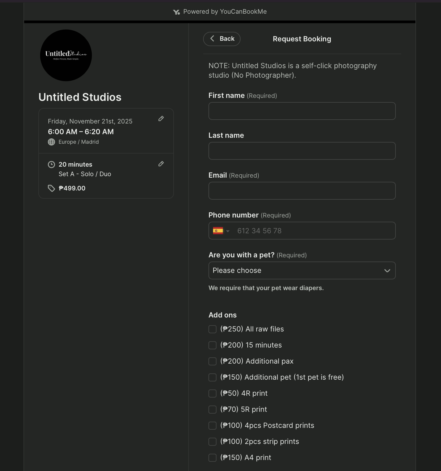 Untitled studios photography intake form example
