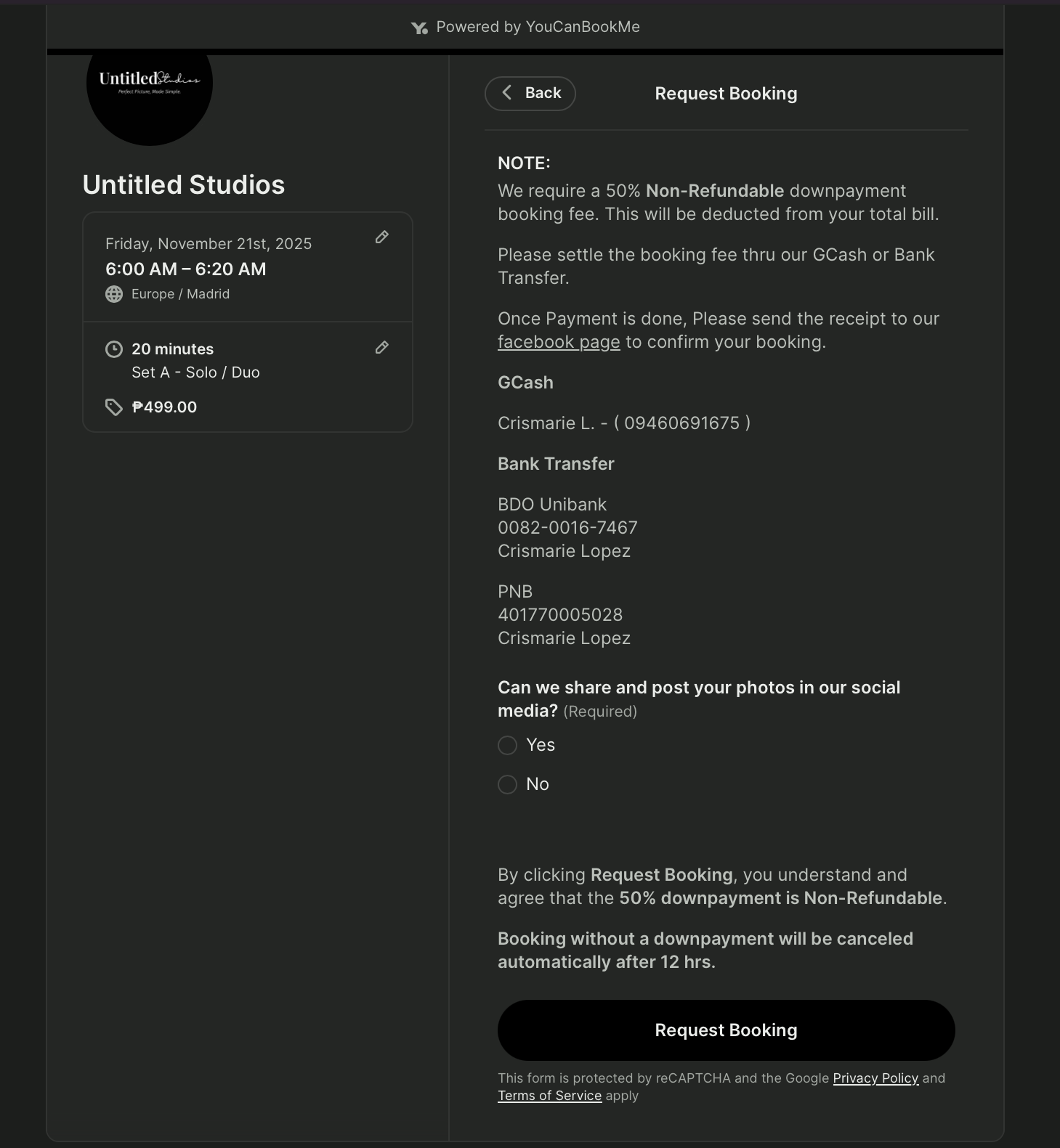 Untitled studios photography booking terms