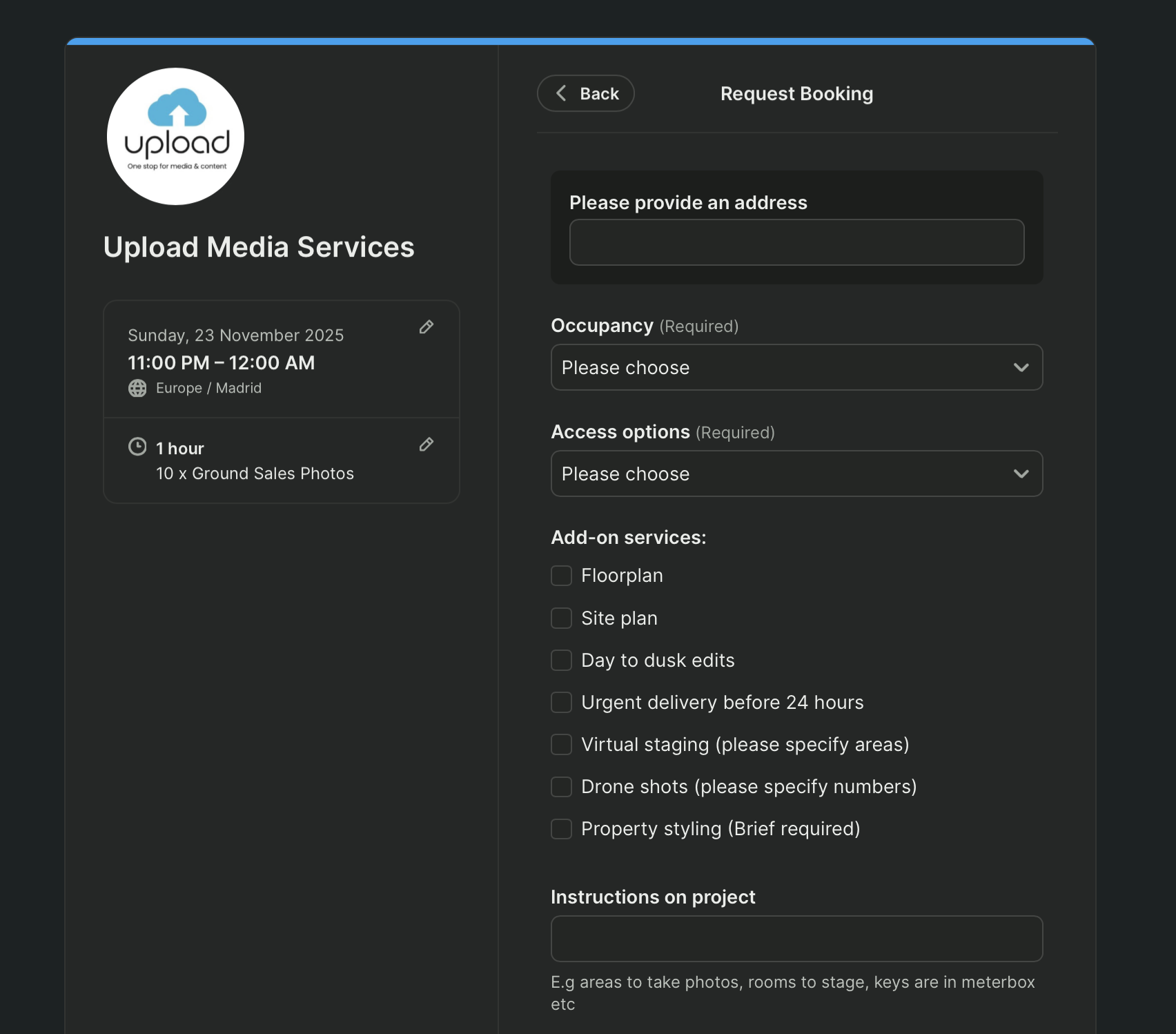 Photography booking form example with request booking button