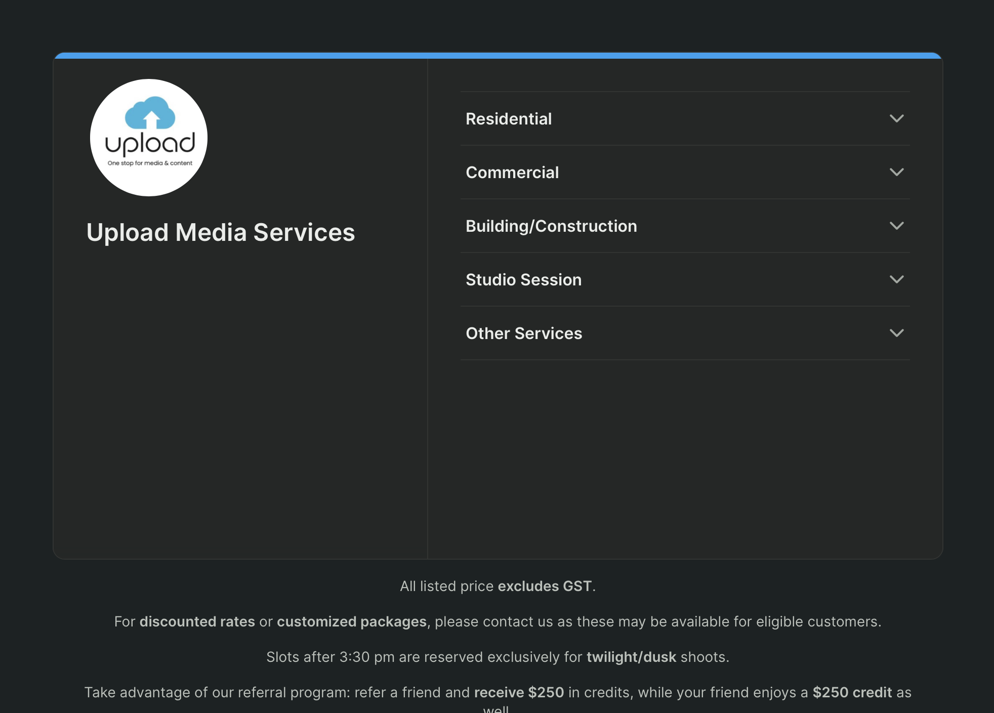 upload media services photography booking page with dropdown options