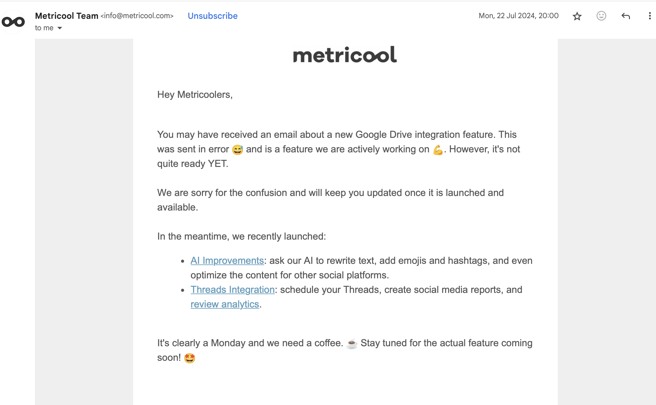 metricool email apology