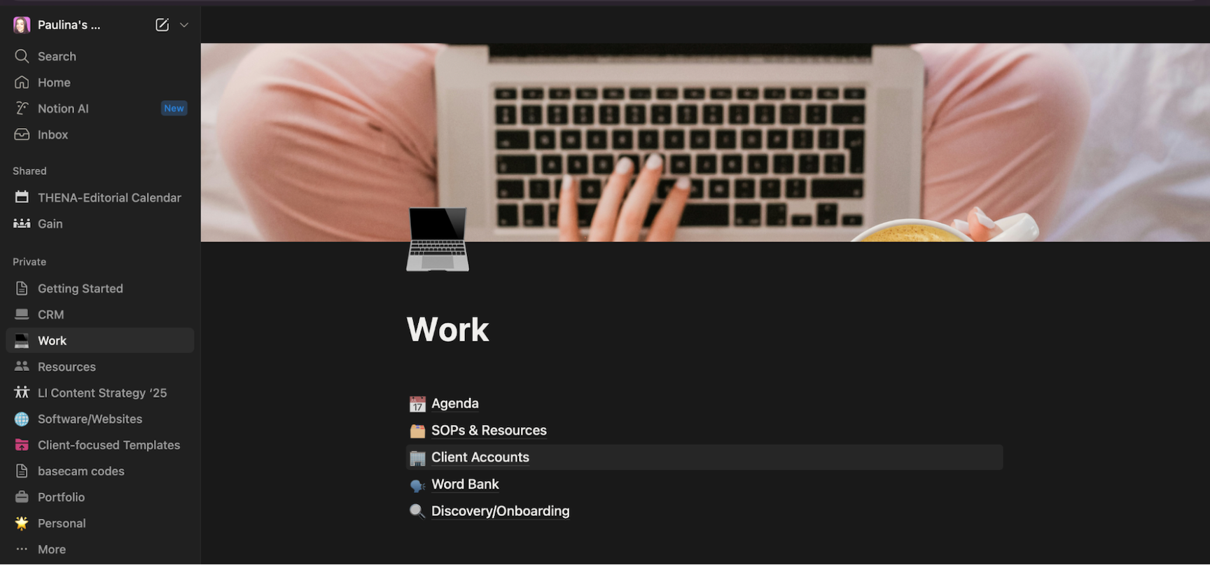 Notion page for organizing small business clients and work