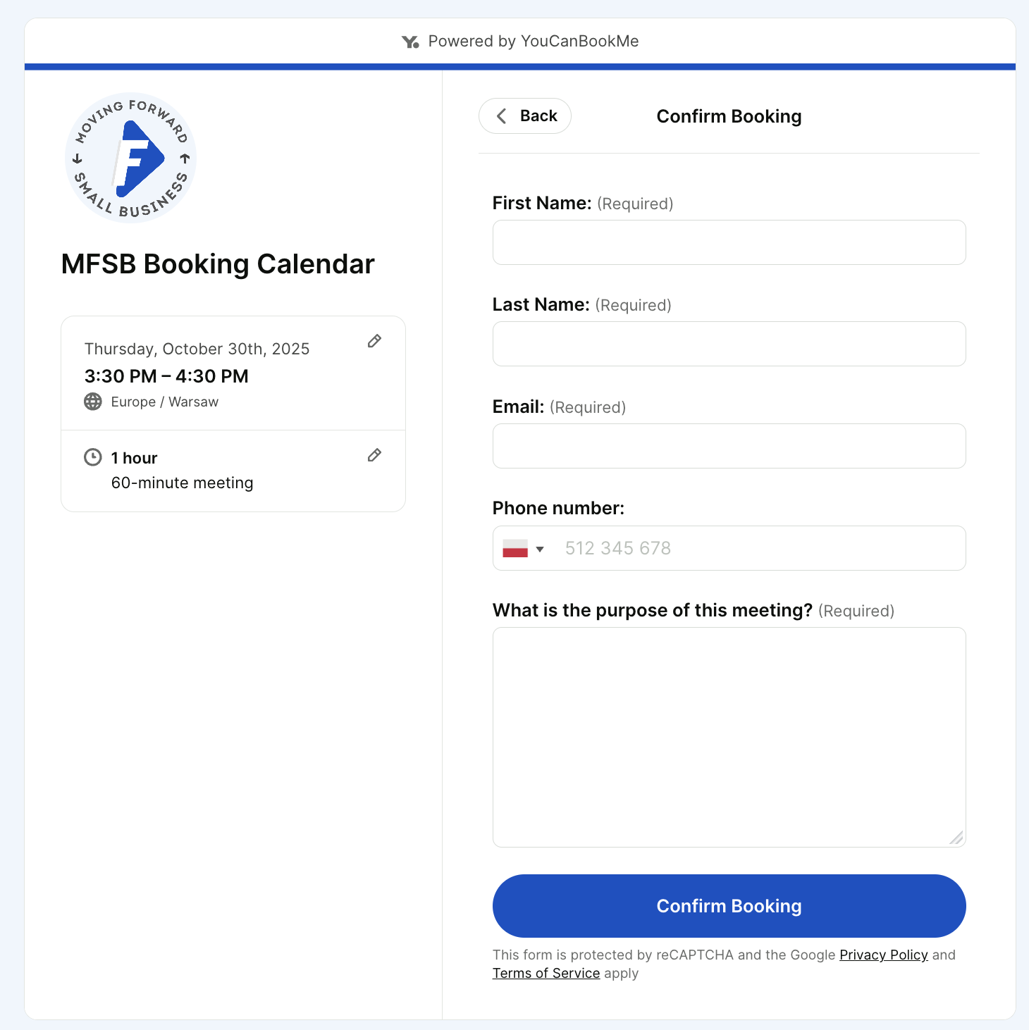 Custom booking form created via YouCanBookMe