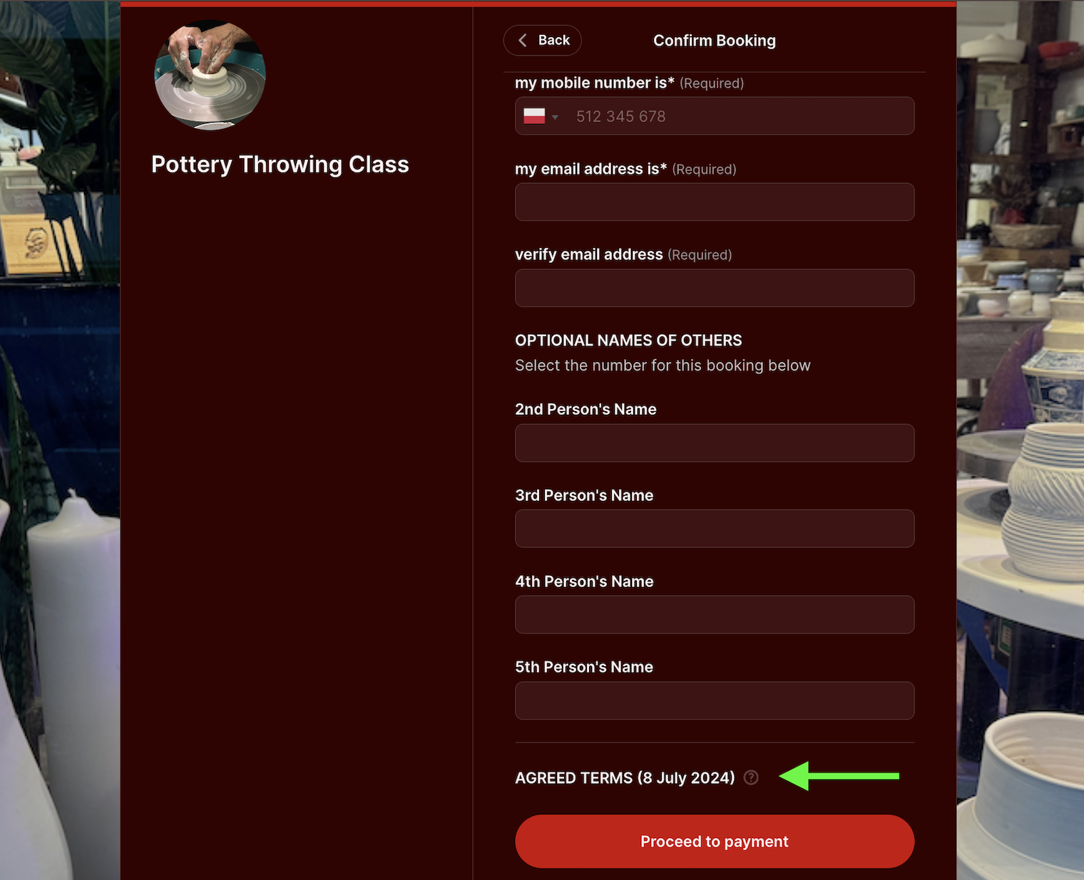 Terms and conditions on booking page