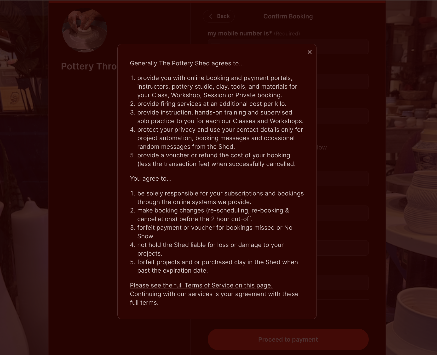 Terms and conditions pop up box on youcanbookme booking page