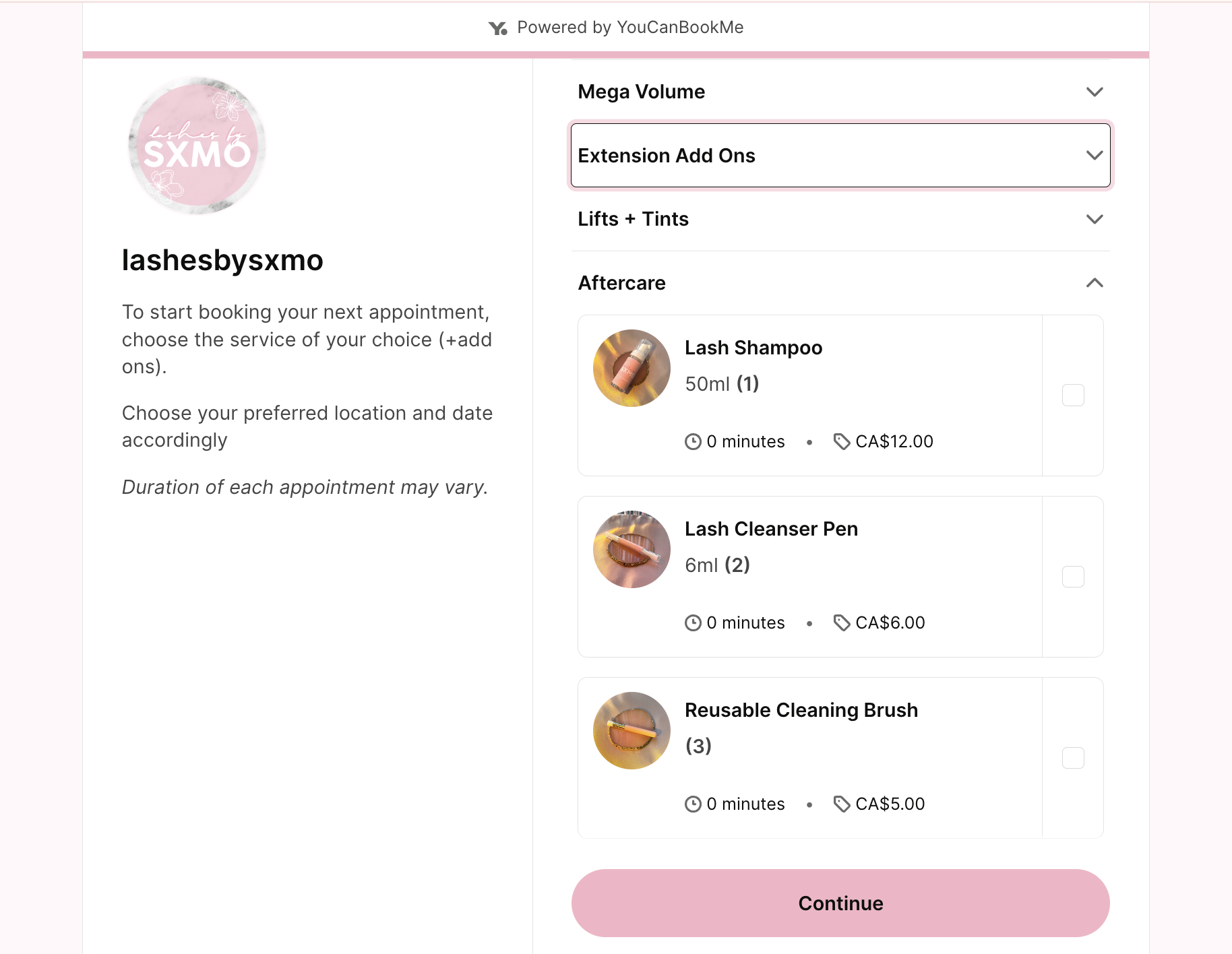 booking page with appointment add-ons