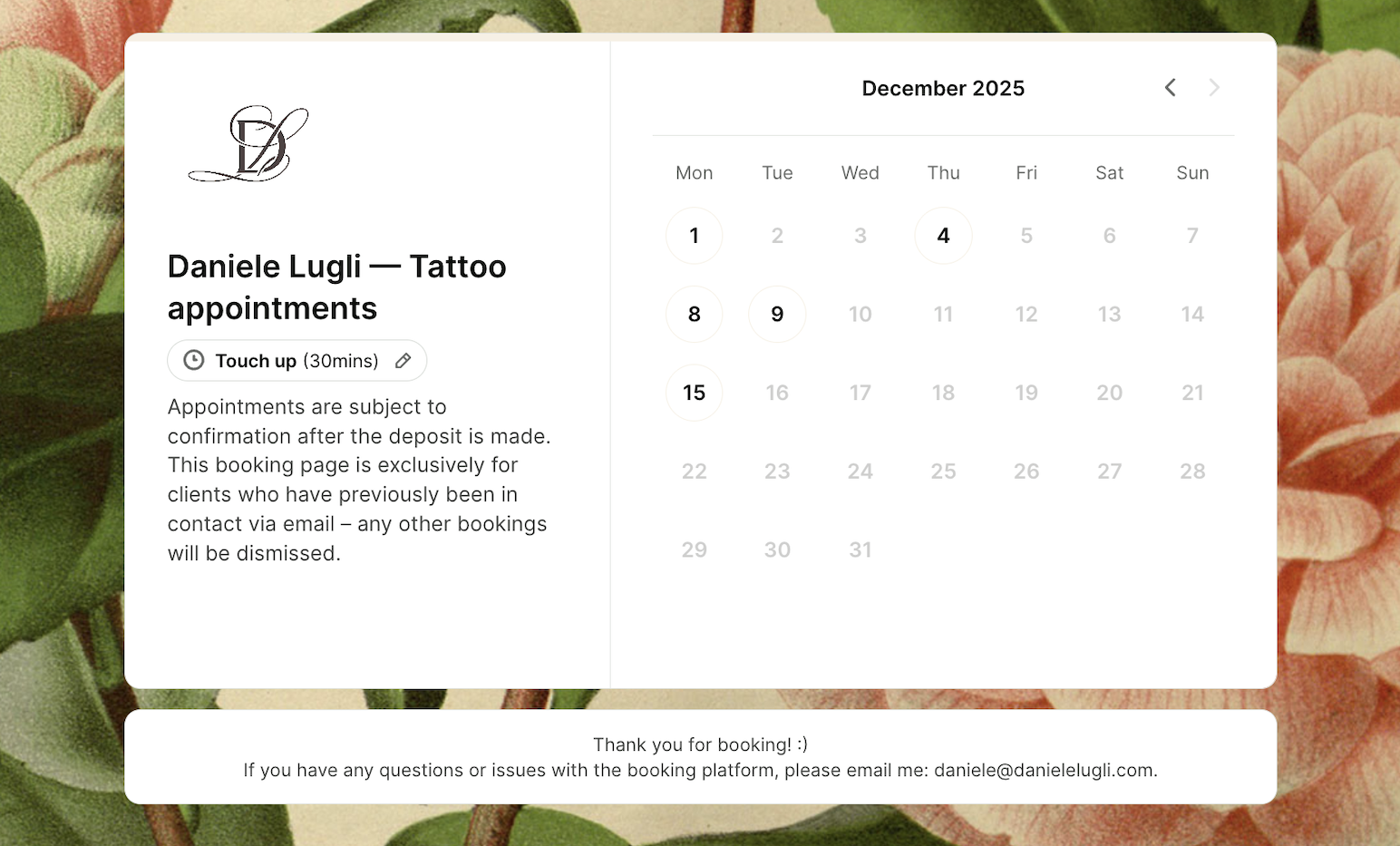 Tattoo artist booking page example