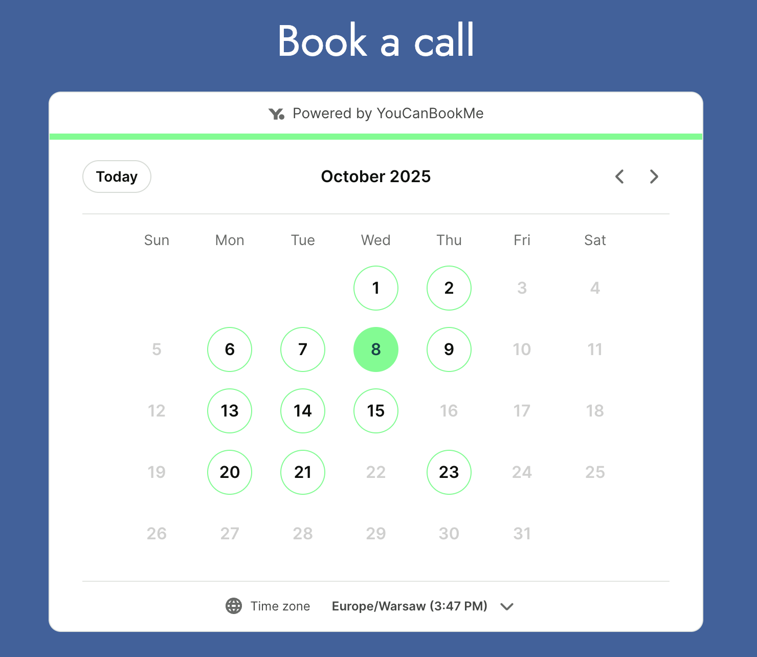 booking page embedded on a website