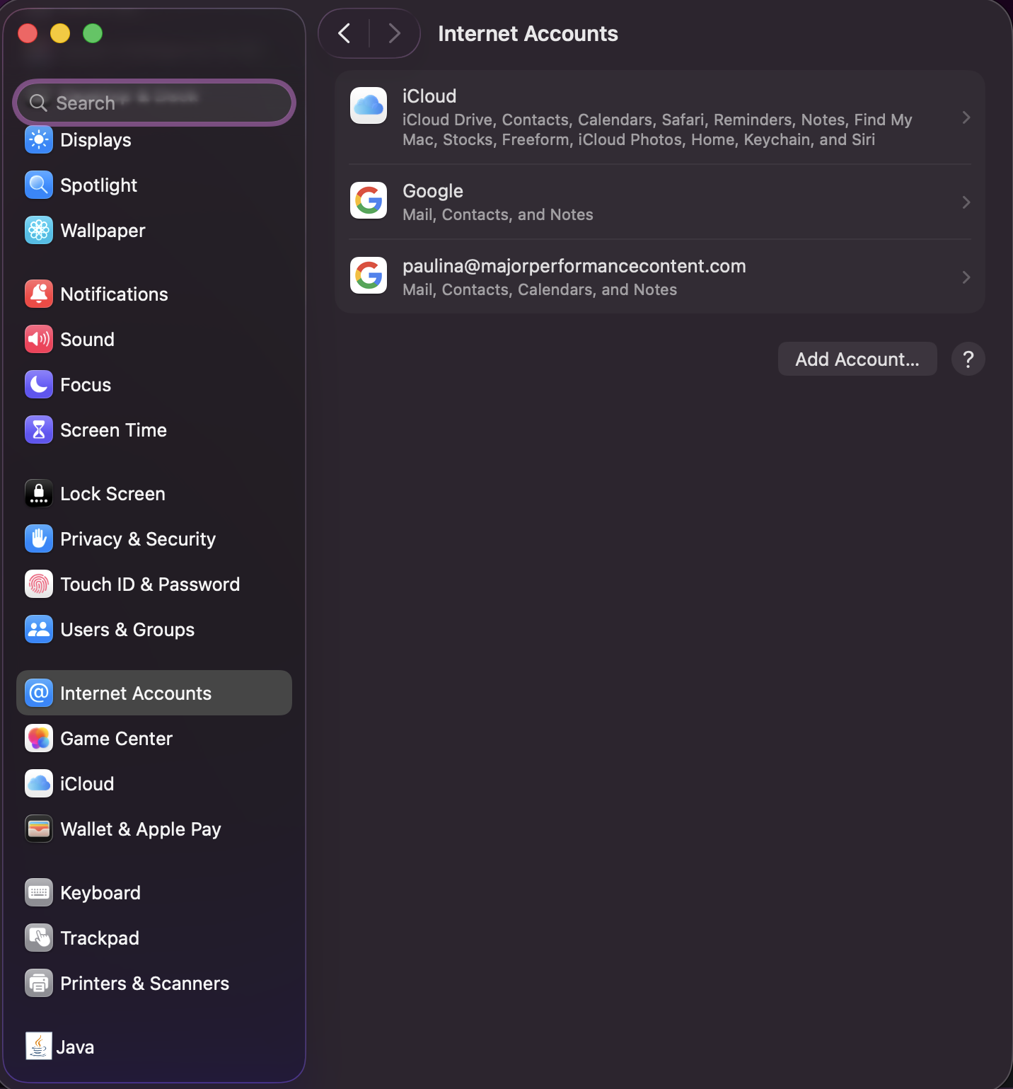 Internet accounts Mac