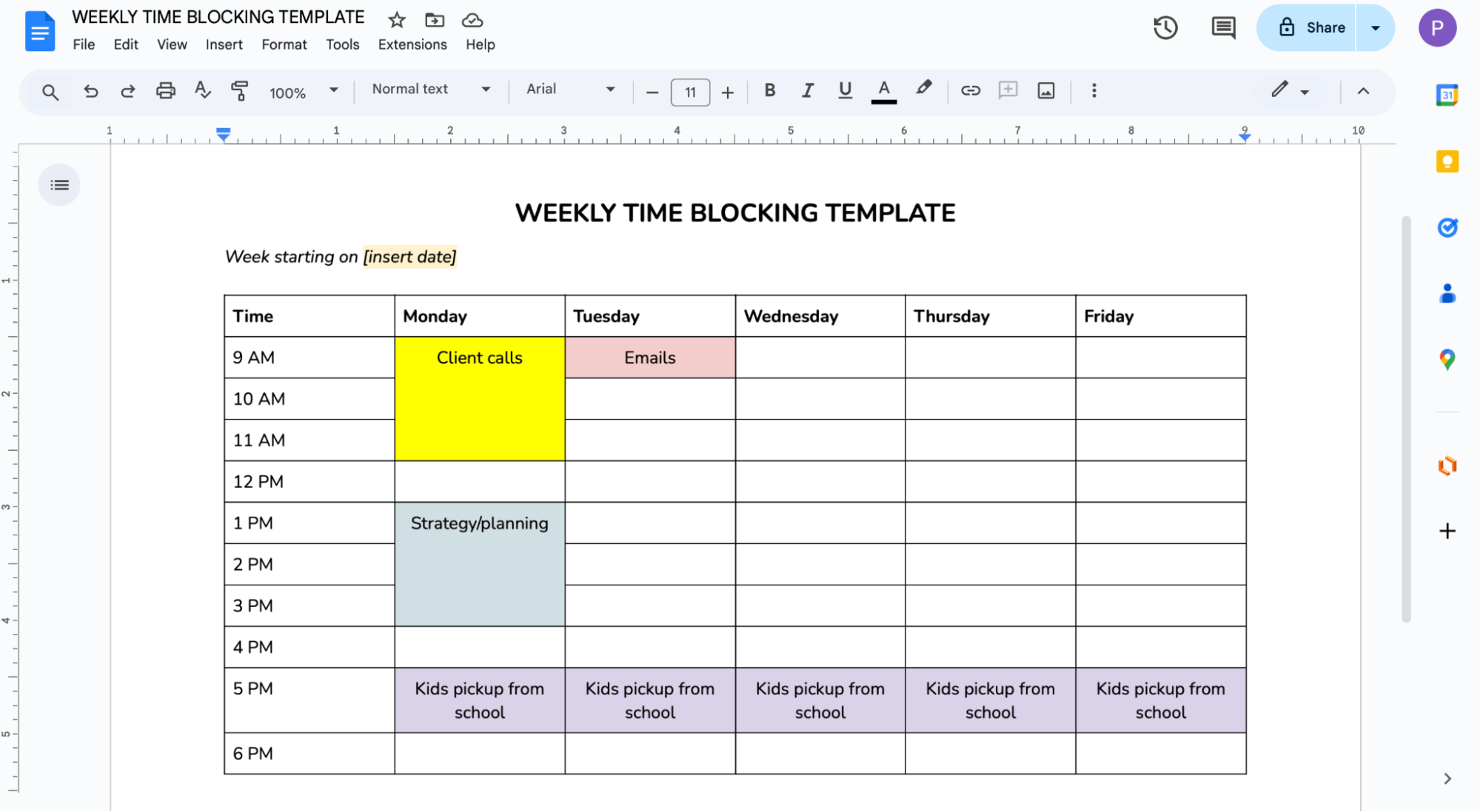 weekly time blocking template